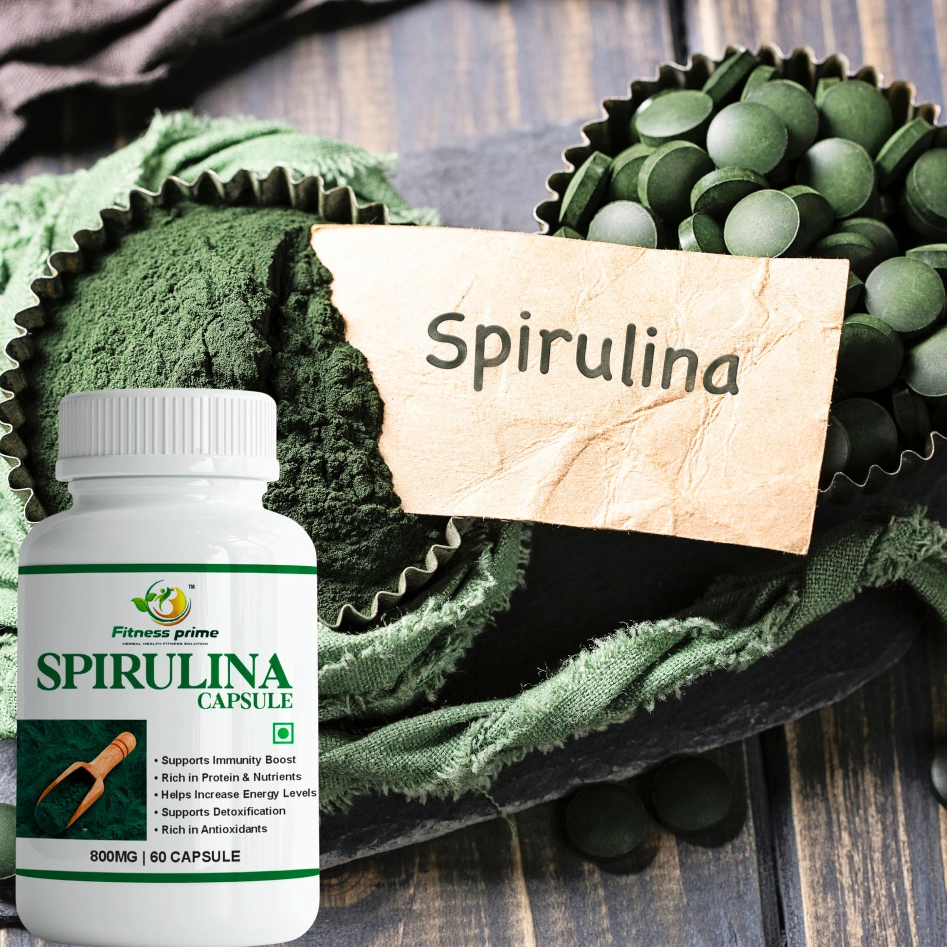 Fitness Prime Organic Spirulina 800mg Herbal Supplement Capsules, 180 Count, Adult Use - label detail
