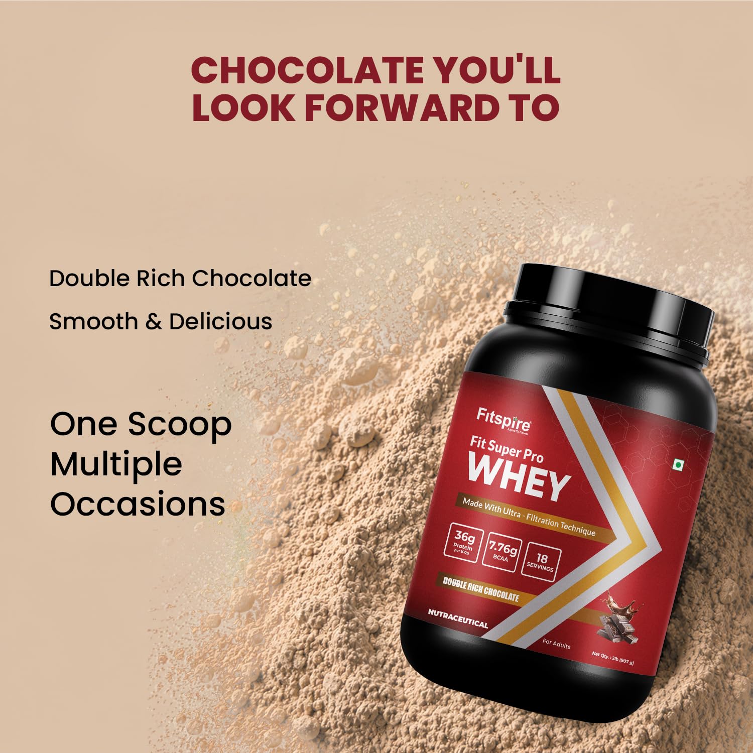 Fitspire Fit Super Whey Protein Powder, 1kg, Adult Protein Supplement, Zero Sugar, Digestive Enzyme Blend - front view (15)