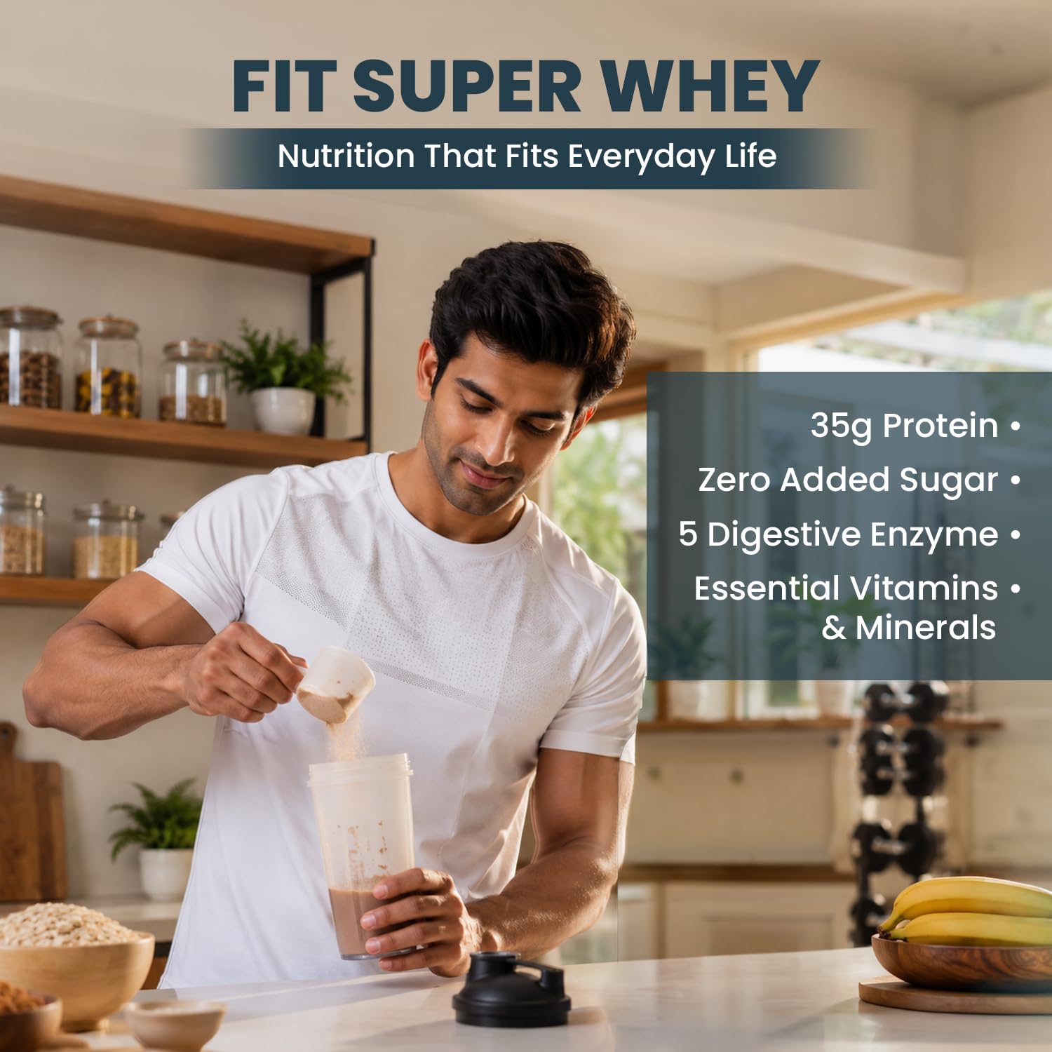 Fitspire Fit Super Whey Protein Powder, 1kg, Adult Protein Supplement, Zero Sugar, Digestive Enzyme Blend - back view