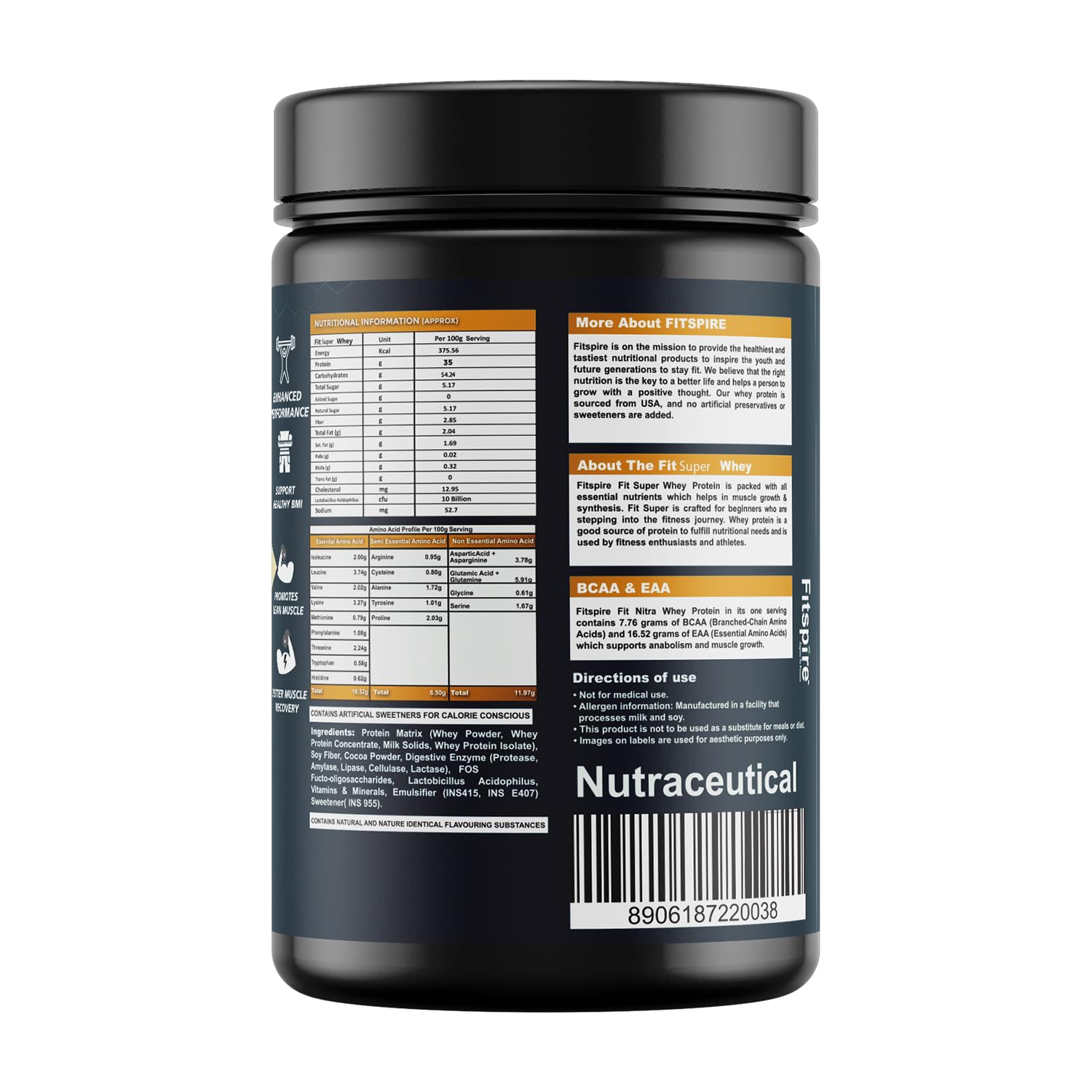 Fitspire Whey Protein Powder Combo, 35g Protein per 100g, Zero Sugar, Digestive Enzymes, 2-Pack - size and scale