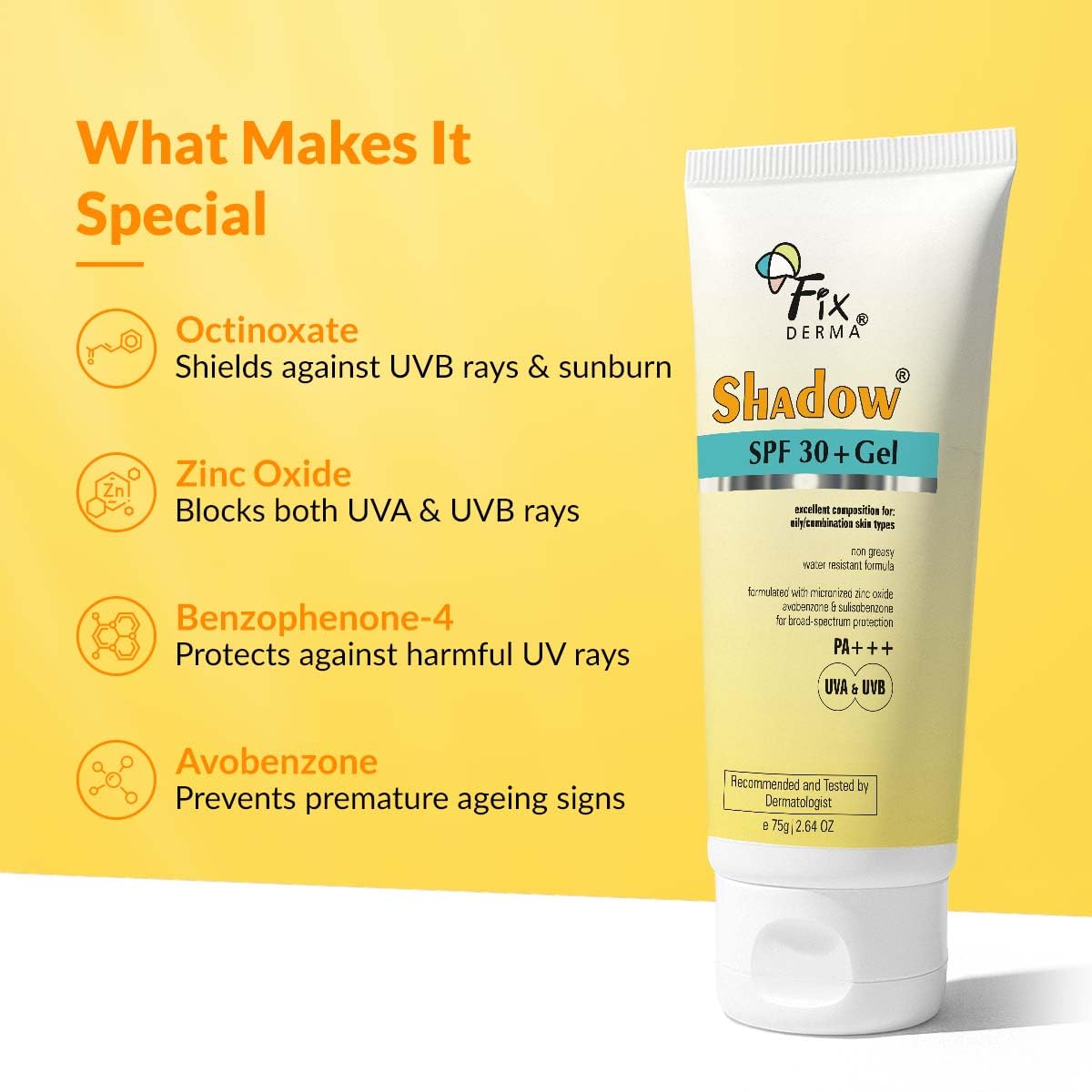 FIXDERMA Shadow Sunscreen Gel SPF 30+ Broad Spectrum | Lightweight Water Resistant for Oily Skin - packaging (12)