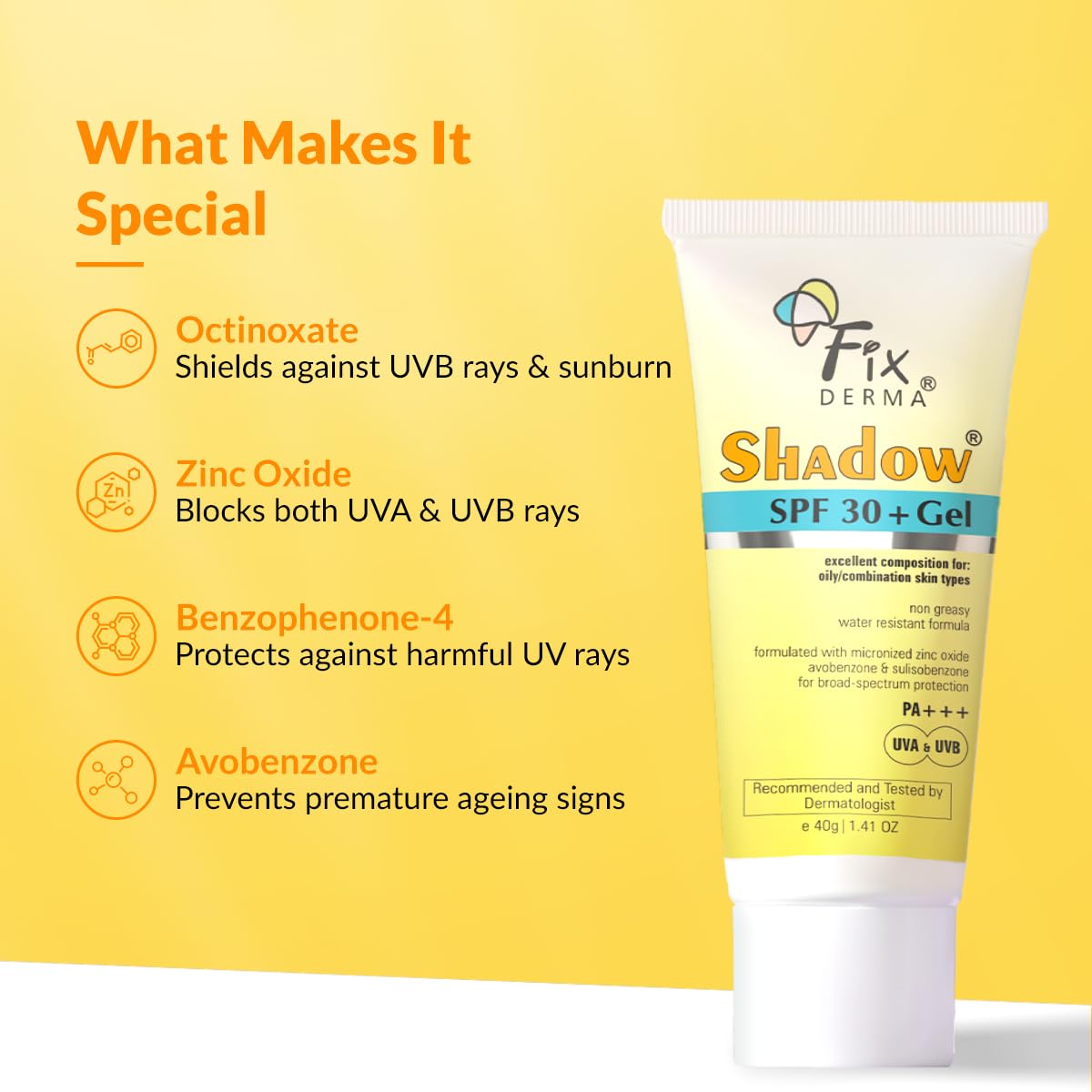 FIXDERMA Shadow Sunscreen Gel SPF 30+ Broad Spectrum | Lightweight Water Resistant for Oily Skin - packaging