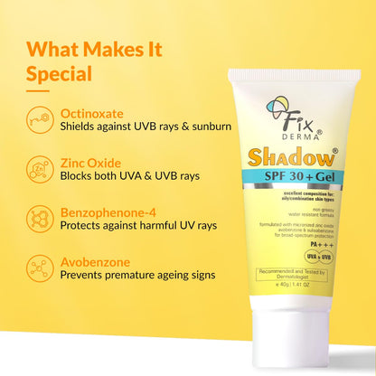 FIXDERMA Shadow Sunscreen Gel SPF 30+ Broad Spectrum | Lightweight Water Resistant for Oily Skin - packaging