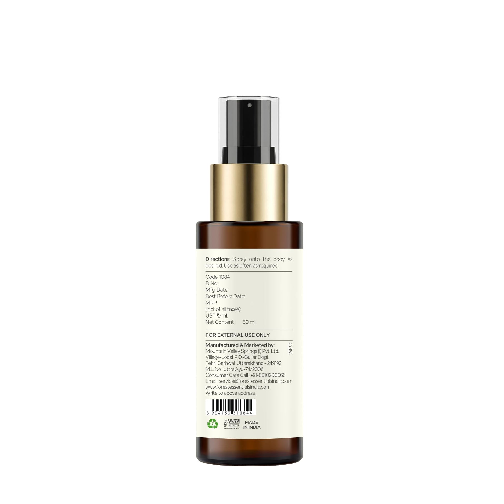 Forest Essentials Fragrant Body Mist Sandalwood & Vetiver with Aloe Vera, Unisex Body Spray - back view