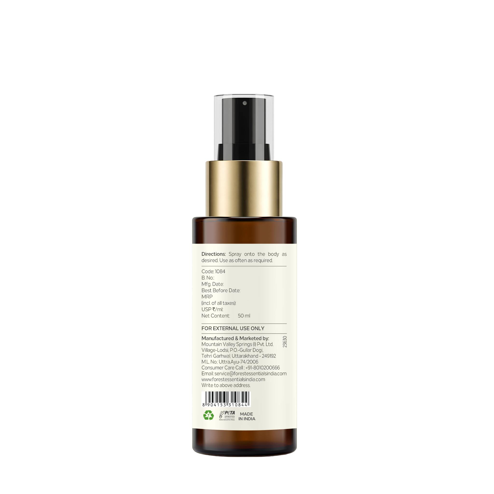 Forest Essentials Fragrant Body Mist Sandalwood & Vetiver with Aloe Vera, Unisex Body Spray - back view