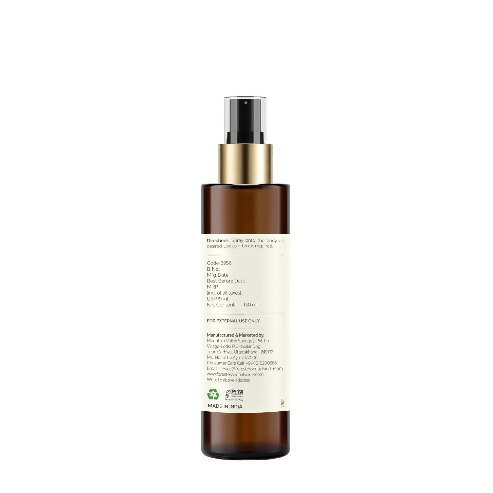 Forest Essentials Fragrant Body Mist Sandalwood & Vetiver with Aloe Vera, Unisex Body Spray - back view (8)