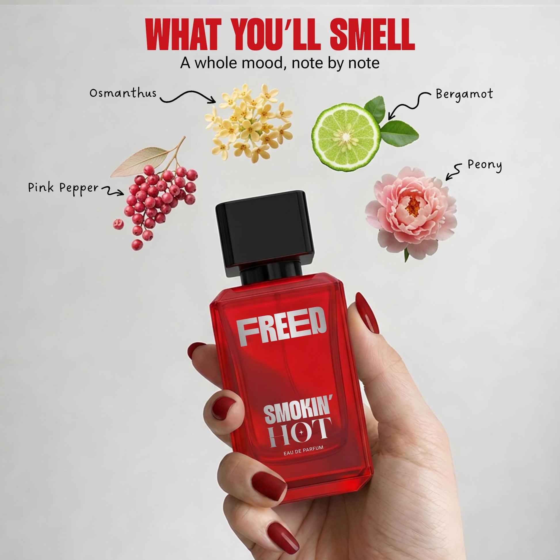 FREED Smokin' Hot Eau de Parfum for Women, 80ml, Spicy Floral Woody, Pink Pepper and Peony - ingredients panel