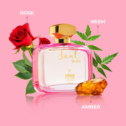 French Factor Soul Bliss Eau De Parfum for Women, 100ml Spray, Made in India by Pam Cosmetics - packaging