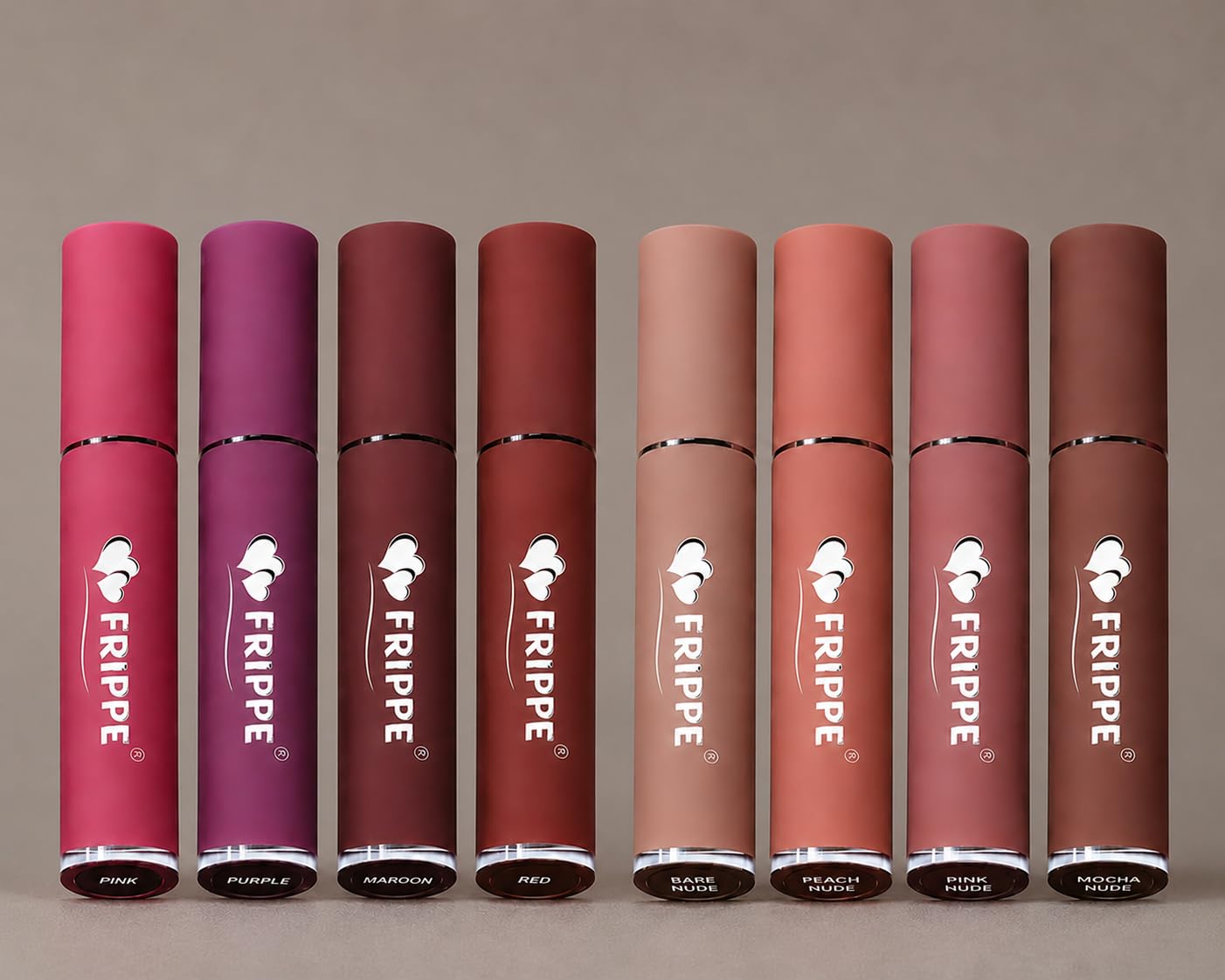 Frippe Matte Liquid Lipstick Set of 8 Shades - Pink, Purple, Maroon, Red, Bare Nude, Peach Nude, Pink Nude, Mocha