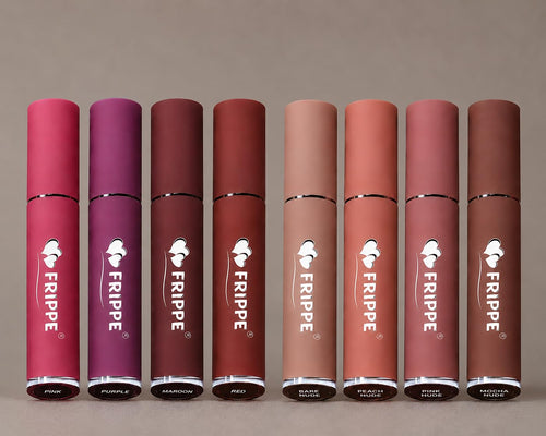 Frippe Matte Liquid Lipstick Set of 8 Shades - Pink, Purple, Maroon, Red, Bare Nude, Peach Nude, Pink Nude, Mocha