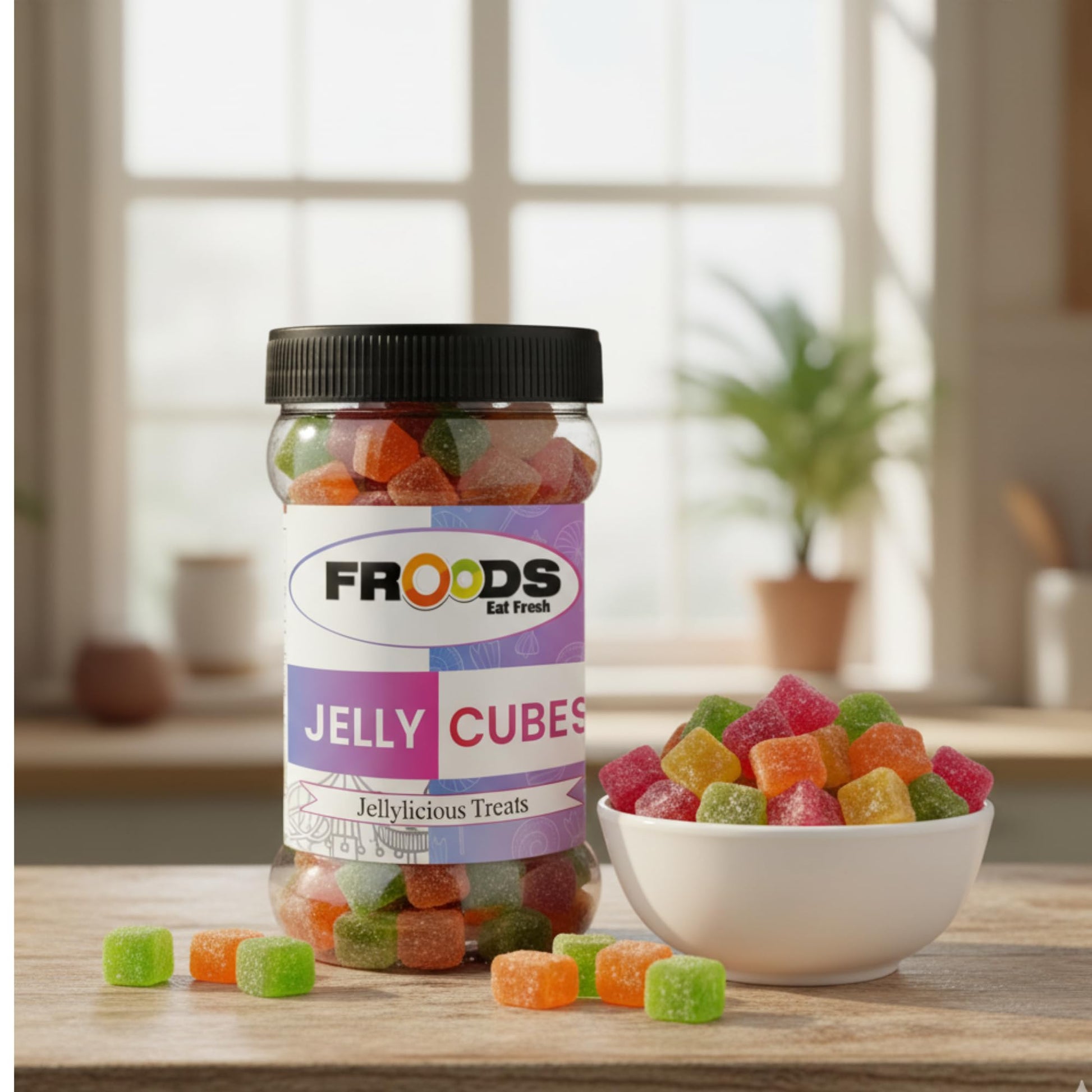 Froods Colorful Fruit Flavored Jelly Candies, Soft & Chewy Sugar Coated Bites, Vegan Snack, 250g - front view