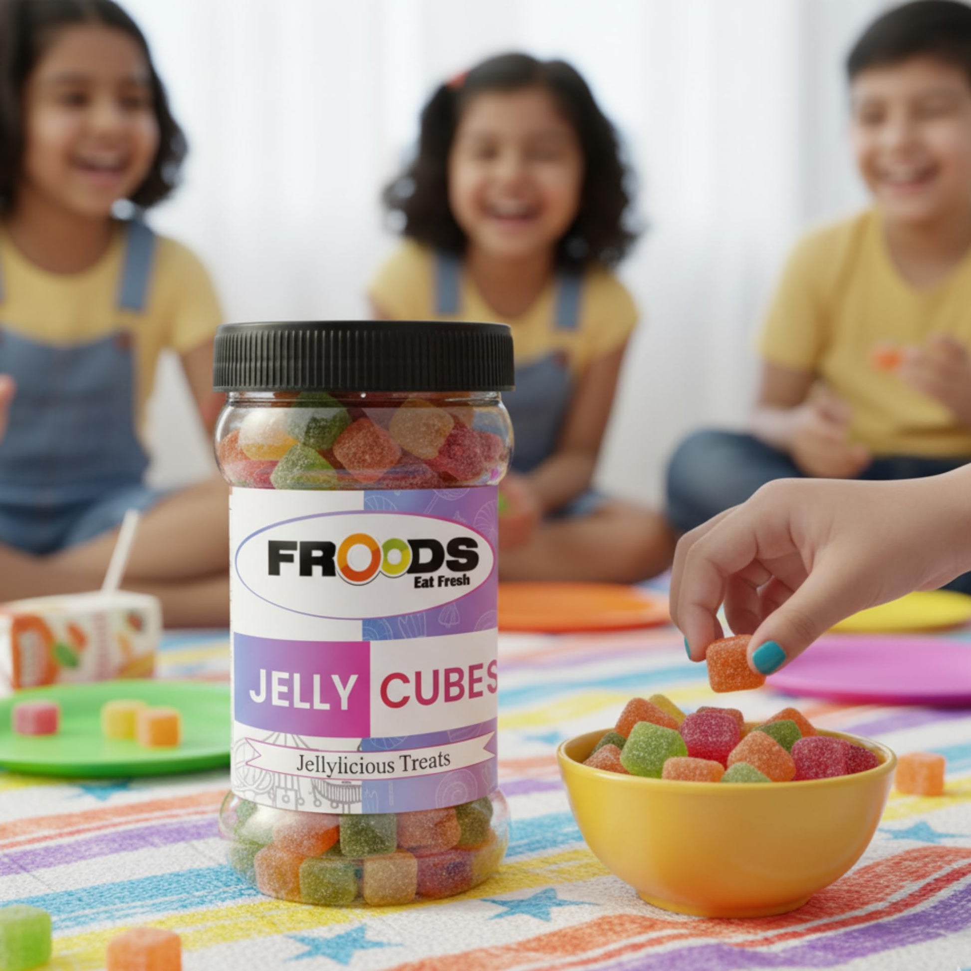 Froods Colorful Fruit Flavored Jelly Candies, Soft & Chewy Sugar Coated Bites, Vegan Snack, 250g - back view