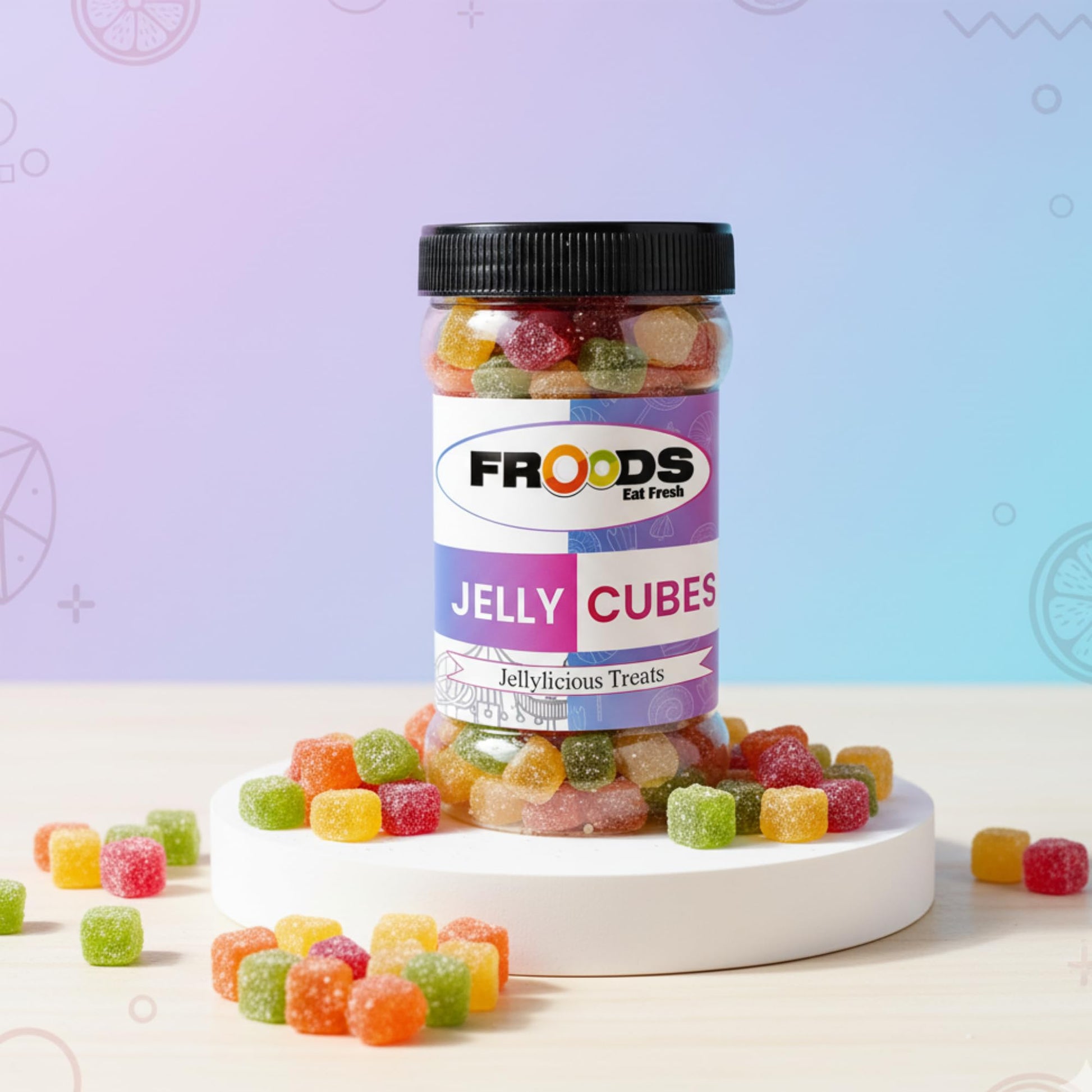 Froods Colorful Fruit Flavored Jelly Candies, Soft & Chewy Sugar Coated Bites, Vegan Snack, 250g - label detail