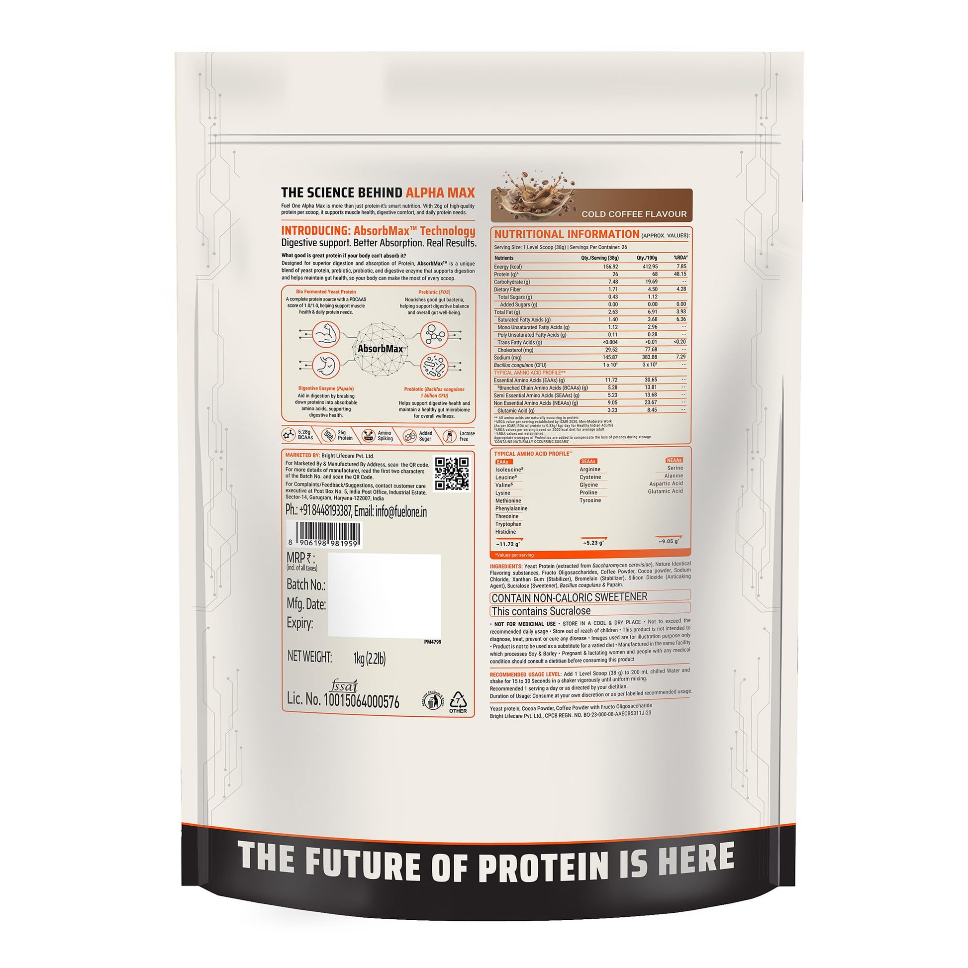 FUELONE Alpha Max Bio-Fermented Yeast Protein Powder, 1kg (2.2lbs), Adult Formula - ingredients panel (14)