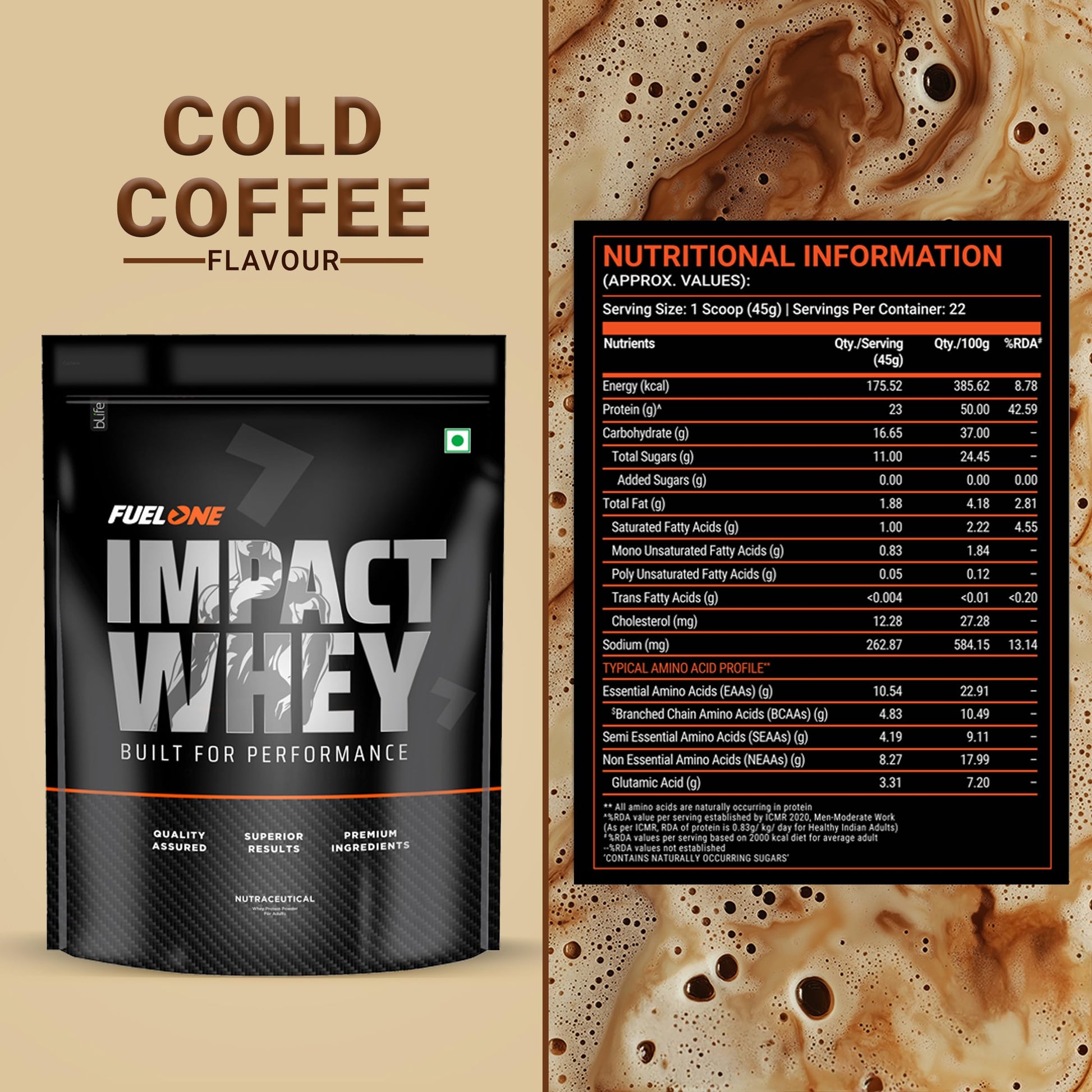 FUELONE Impact Whey Protein Blend, 1kg, 23g Protein, BCAAs, EAAs, No Added Sugar - ingredients panel (11)