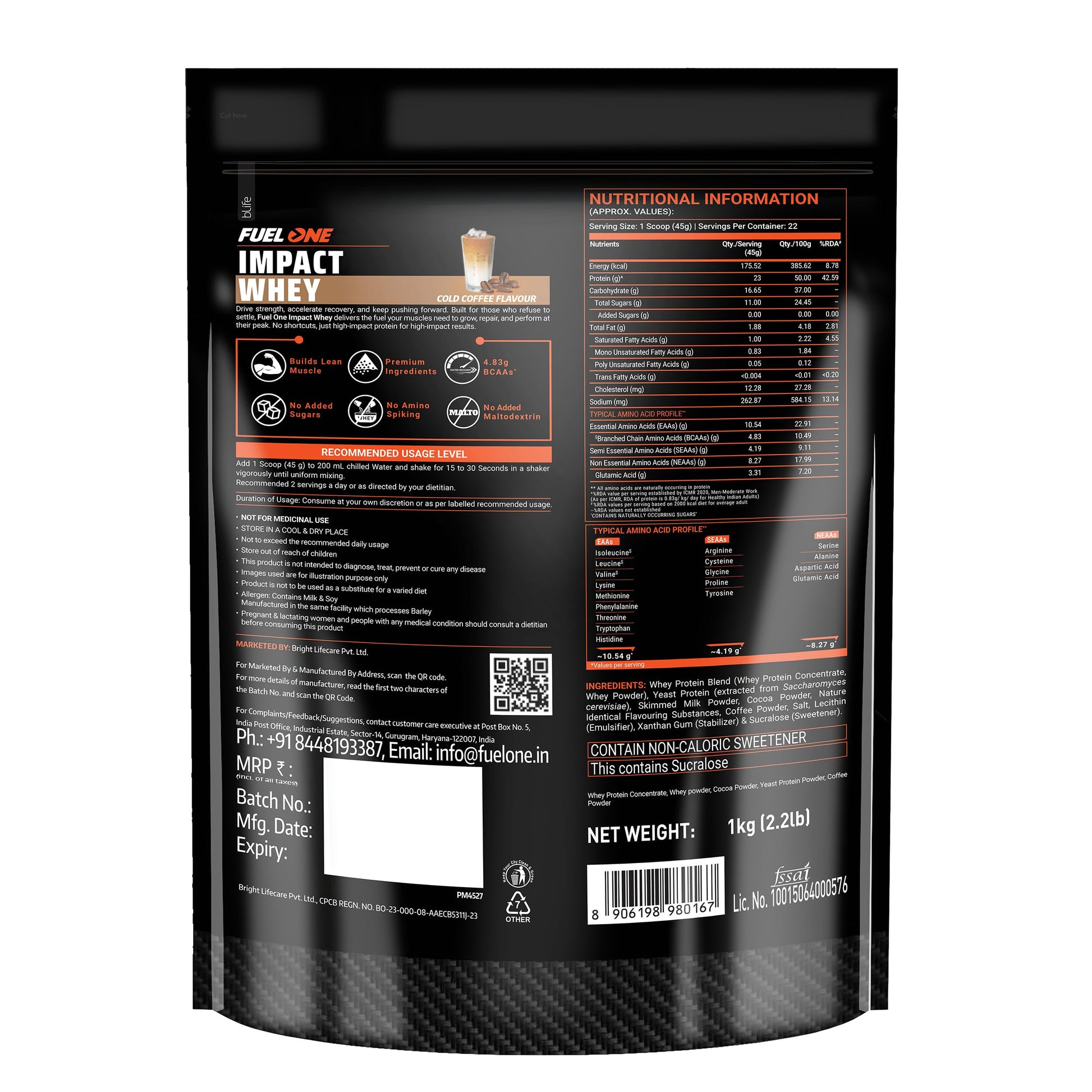 FUELONE Impact Whey Protein Blend, 1kg, 23g Protein, BCAAs, EAAs, No Added Sugar - close-up detail (12)