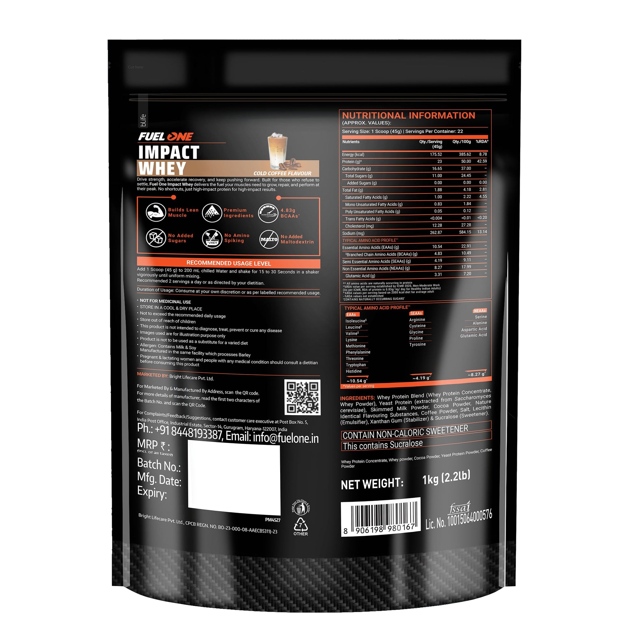 FUELONE Impact Whey Protein Blend, 1kg, 23g Protein, BCAAs, EAAs, No Added Sugar - close-up detail (12)