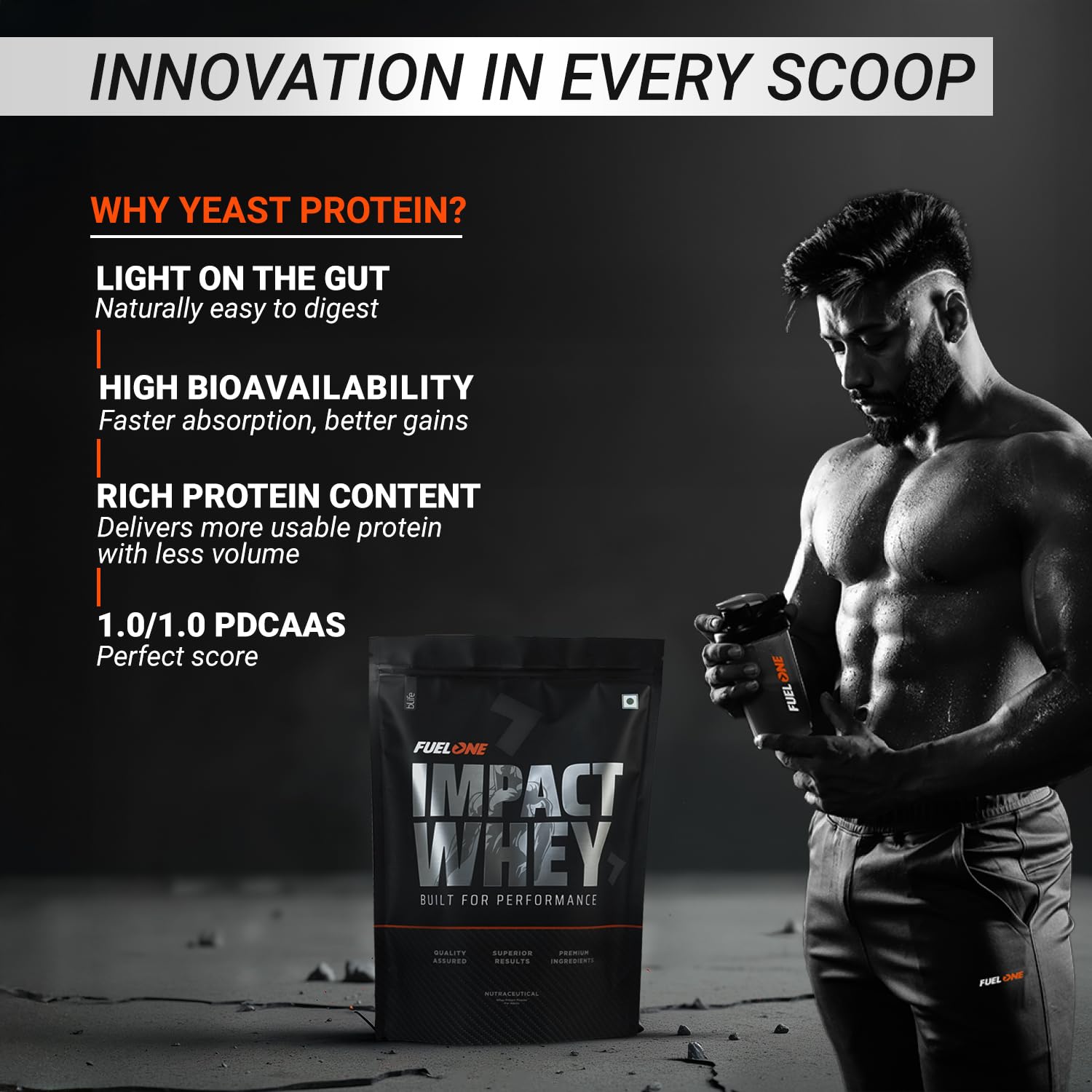 FUELONE Impact Whey Protein Blend, 1kg, 23g Protein, BCAAs, EAAs, No Added Sugar - label detail
