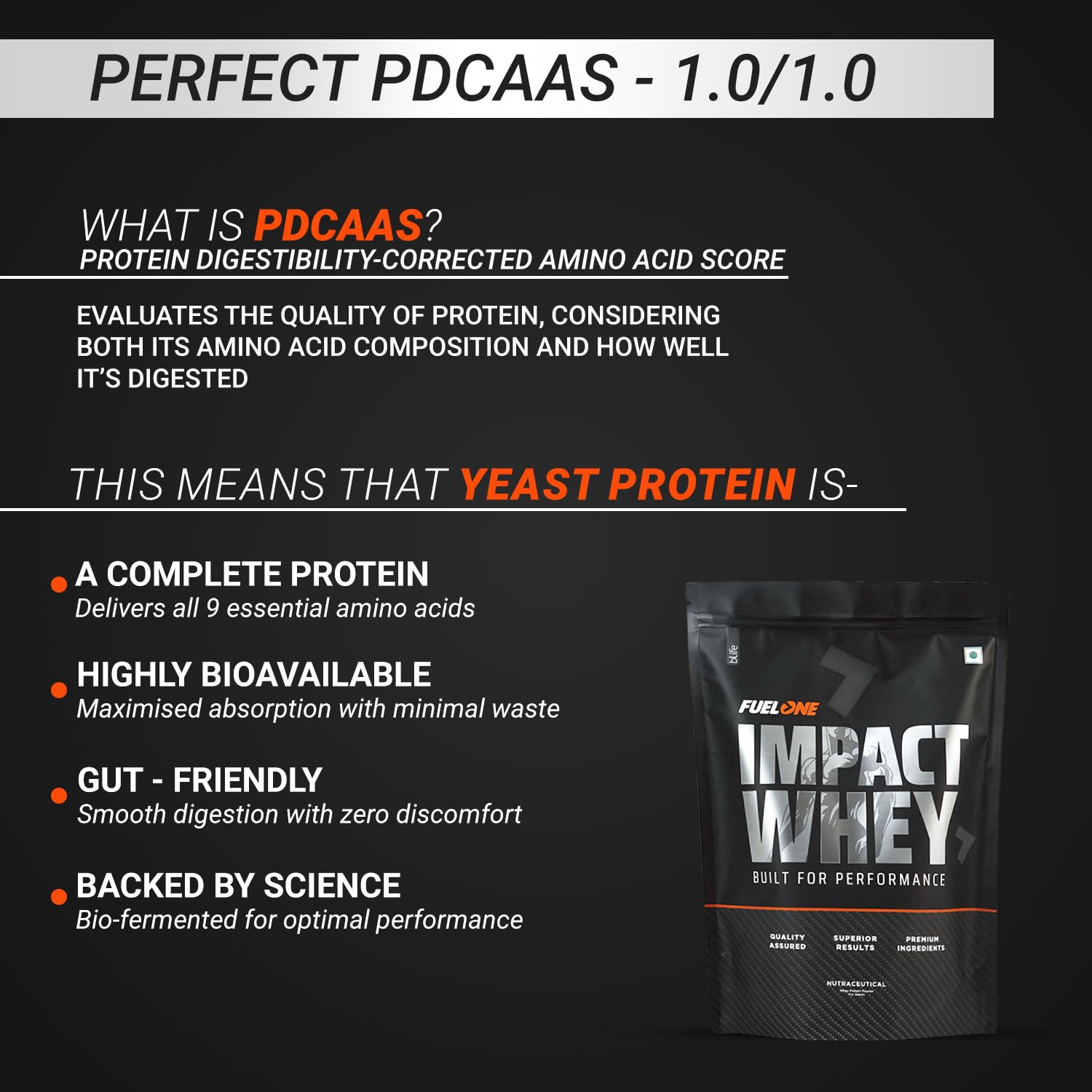 FUELONE Impact Whey Protein Blend, 1kg, 23g Protein, BCAAs, EAAs, No Added Sugar - ingredients panel
