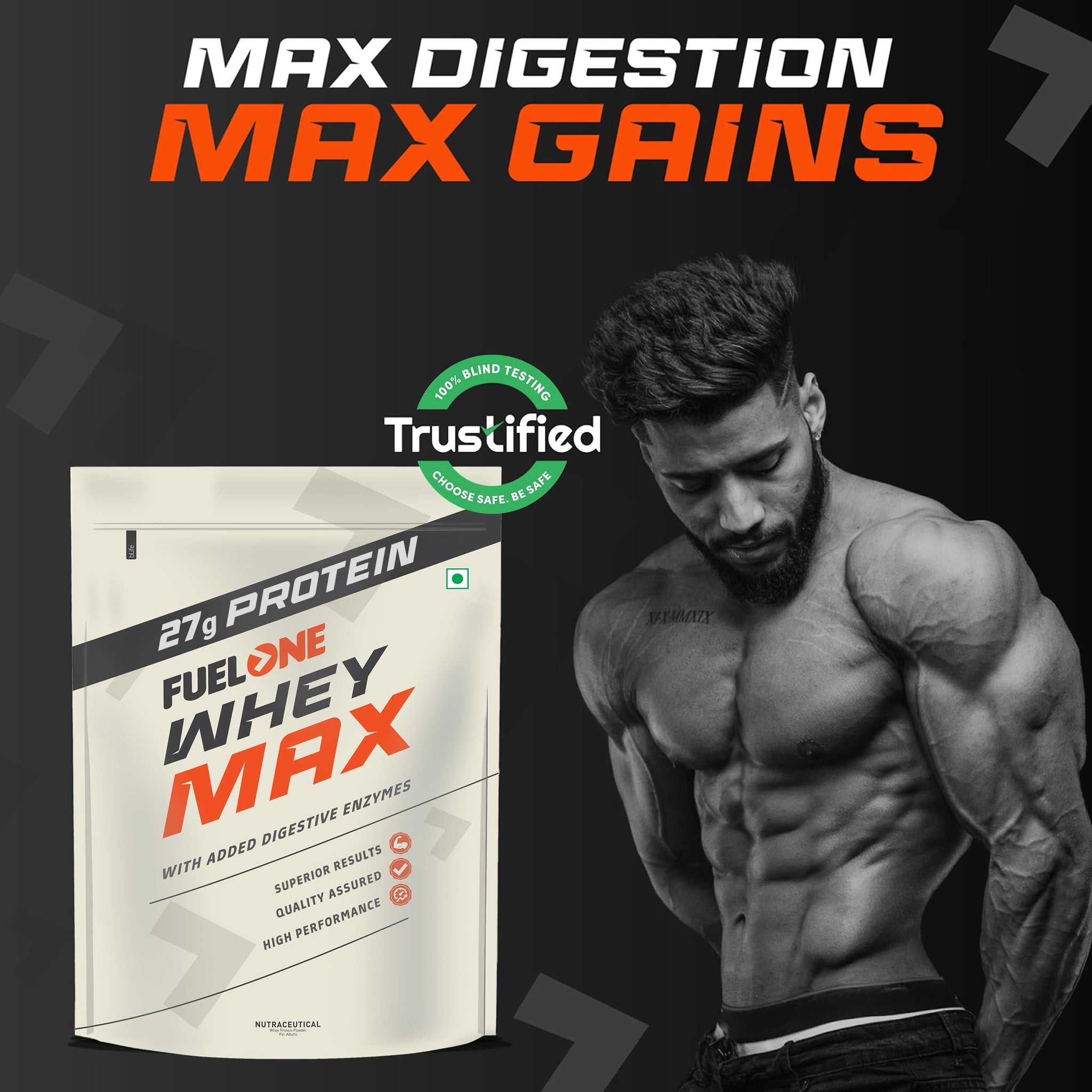 FUELONE Whey Max Protein Blend Powder, Cafe Mocha Flavor, 1kg, 27g Protein per Scoop, WPC + WPI Formula - ingredients panel (