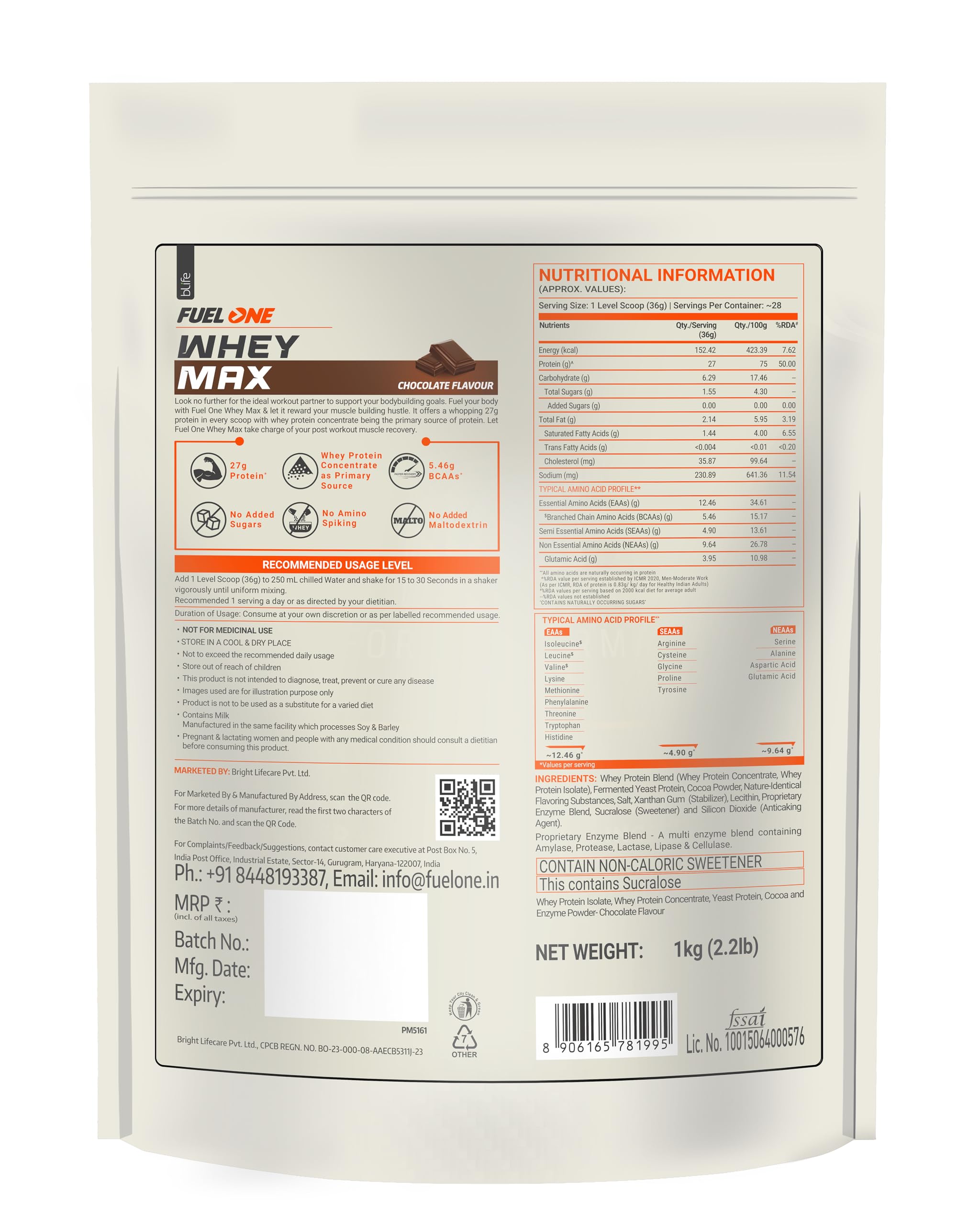FUELONE Whey Max Protein Blend Powder, Cafe Mocha Flavor, 1kg, 27g Protein per Scoop, WPC + WPI Formula - close-up detail (11