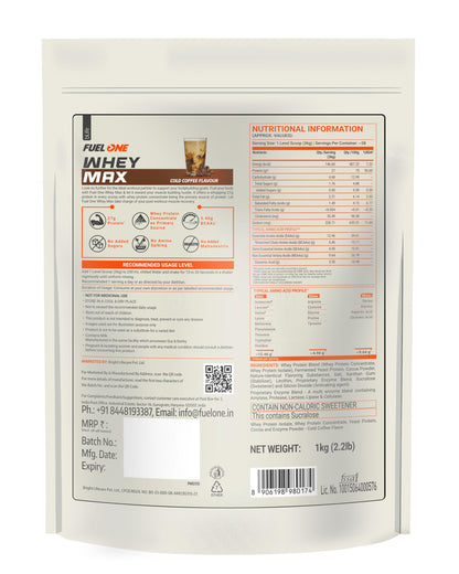 FUELONE Whey Max Protein Blend Powder, Cafe Mocha Flavor, 1kg, 27g Protein per Scoop, WPC + WPI Formula - close-up detail (18