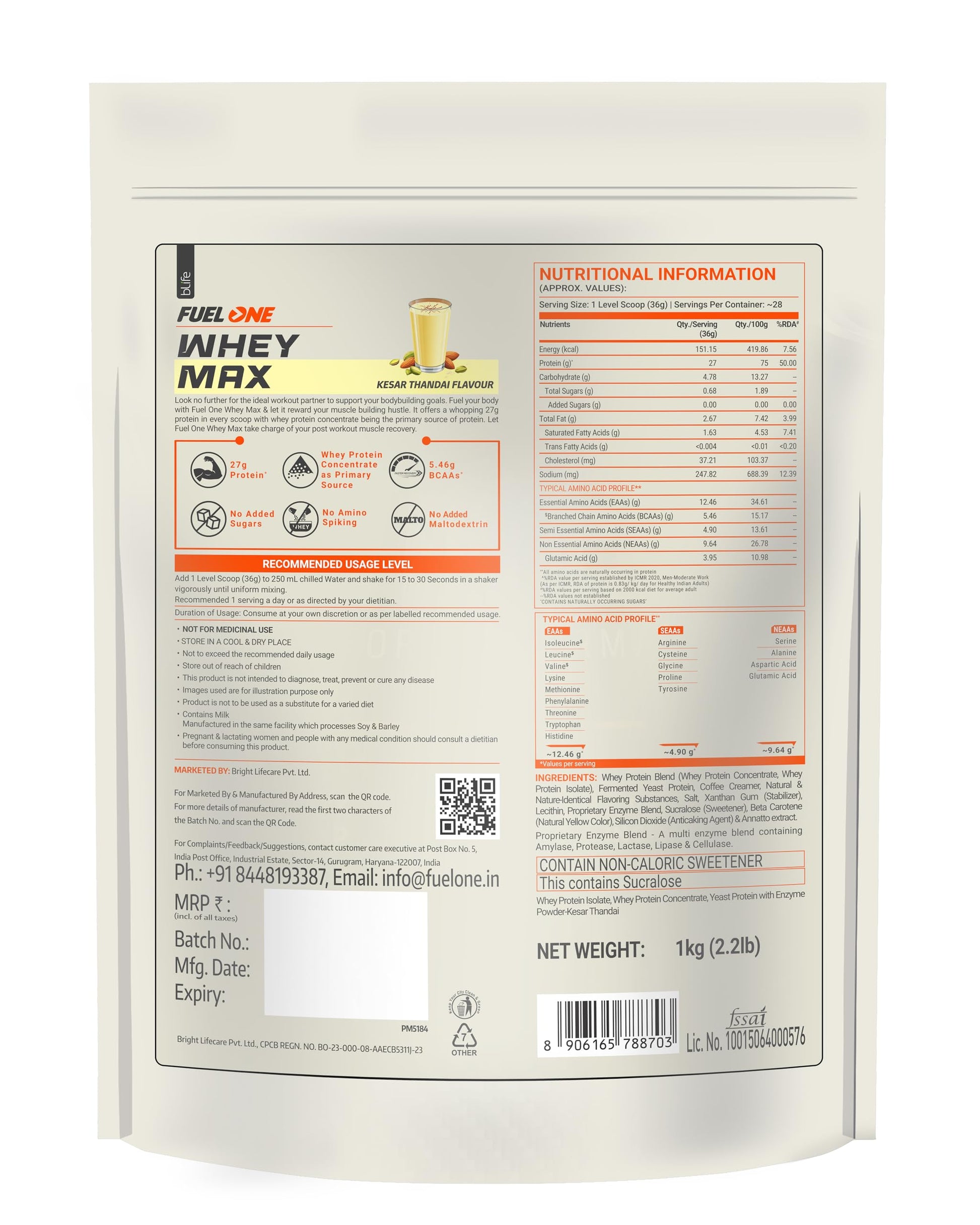 FUELONE Whey Max Protein Blend Powder, Cafe Mocha Flavor, 1kg, 27g Protein per Scoop, WPC + WPI Formula - close-up detail (21