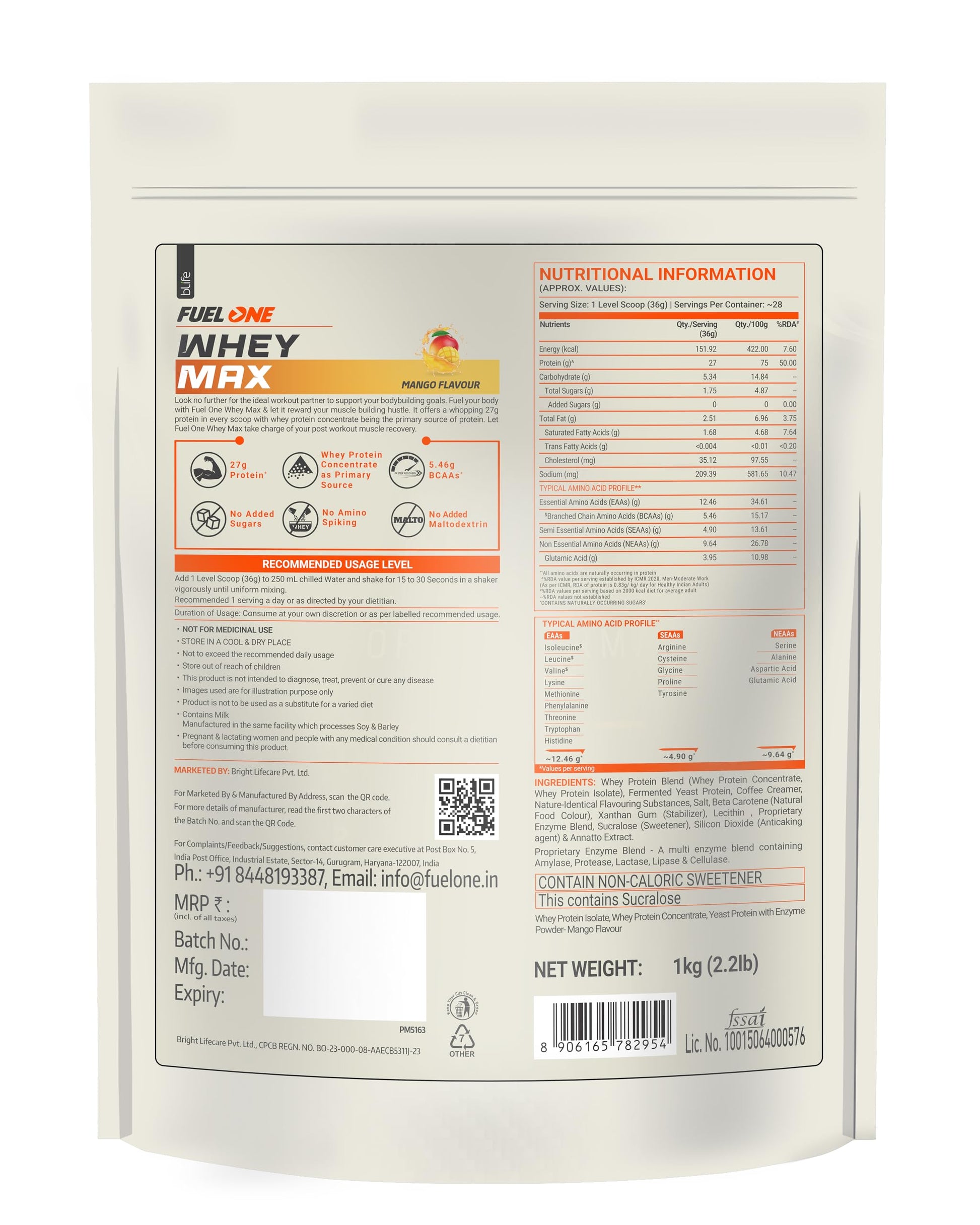 FUELONE Whey Max Protein Blend Powder, Cafe Mocha Flavor, 1kg, 27g Protein per Scoop, WPC + WPI Formula - close-up detail (23