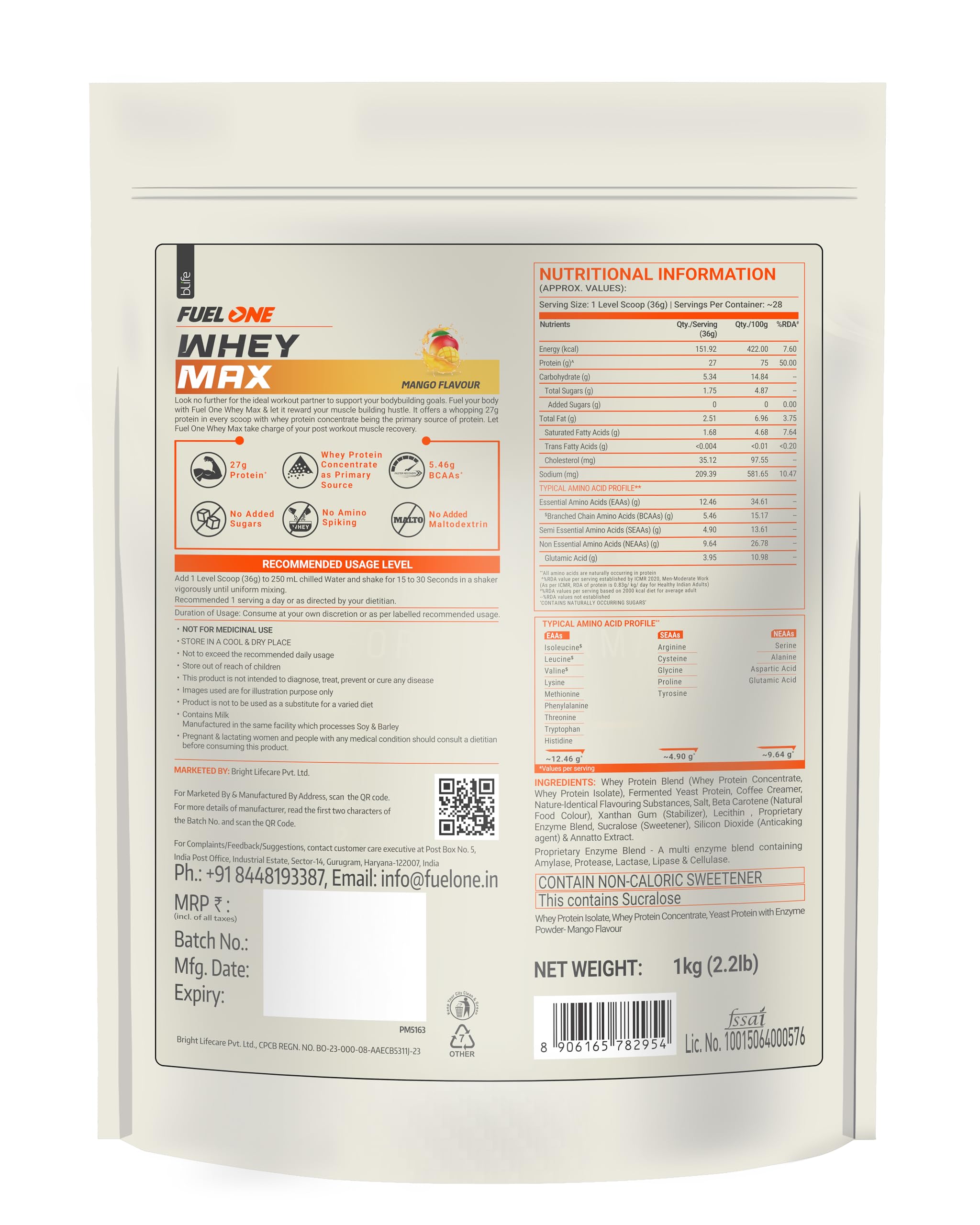FUELONE Whey Max Protein Blend Powder, Cafe Mocha Flavor, 1kg, 27g Protein per Scoop, WPC + WPI Formula - close-up detail (23