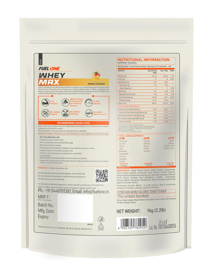 FUELONE Whey Max Protein Blend Powder, Cafe Mocha Flavor, 1kg, 27g Protein per Scoop, WPC + WPI Formula - close-up detail (23