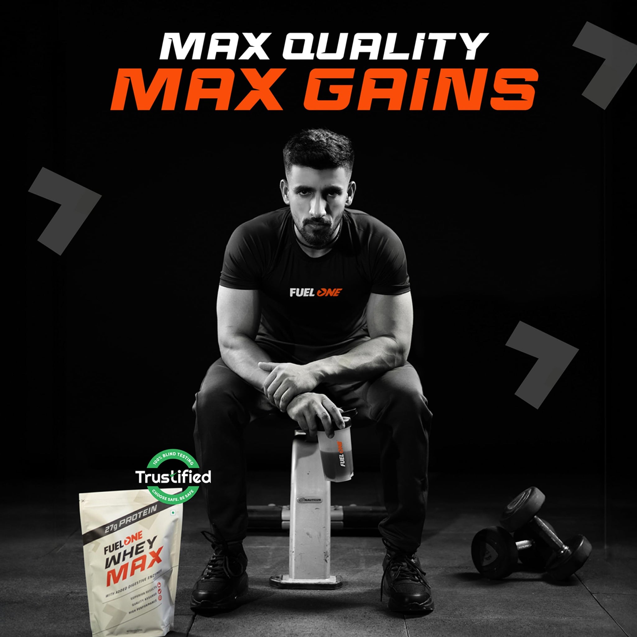 FUELONE Whey Max Protein Blend Powder, Cafe Mocha Flavor, 1kg, 27g Protein per Scoop, WPC + WPI Formula - packaging