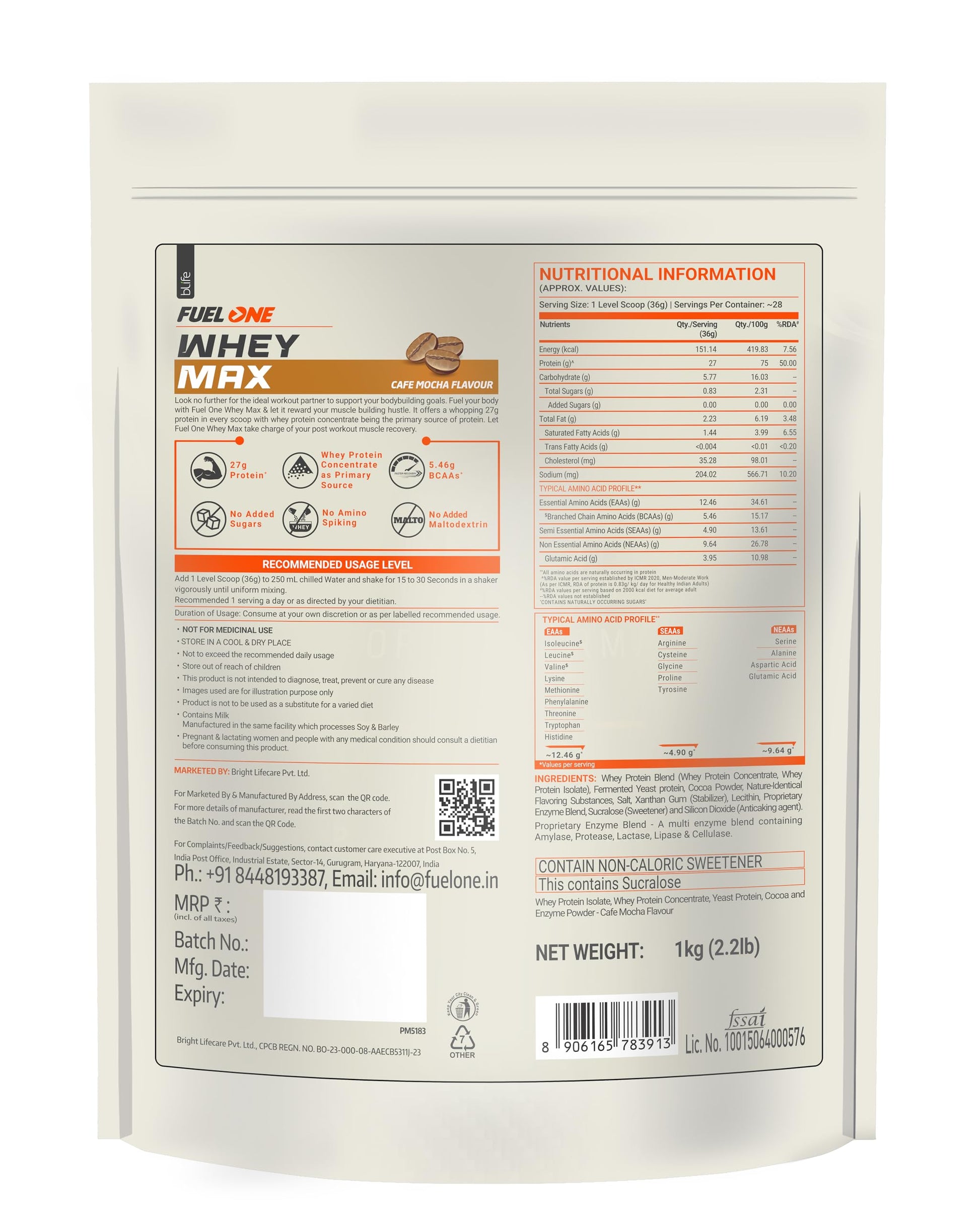 FUELONE Whey Max Protein Blend Powder, Cafe Mocha Flavor, 1kg, 27g Protein per Scoop, WPC + WPI Formula - close-up detail