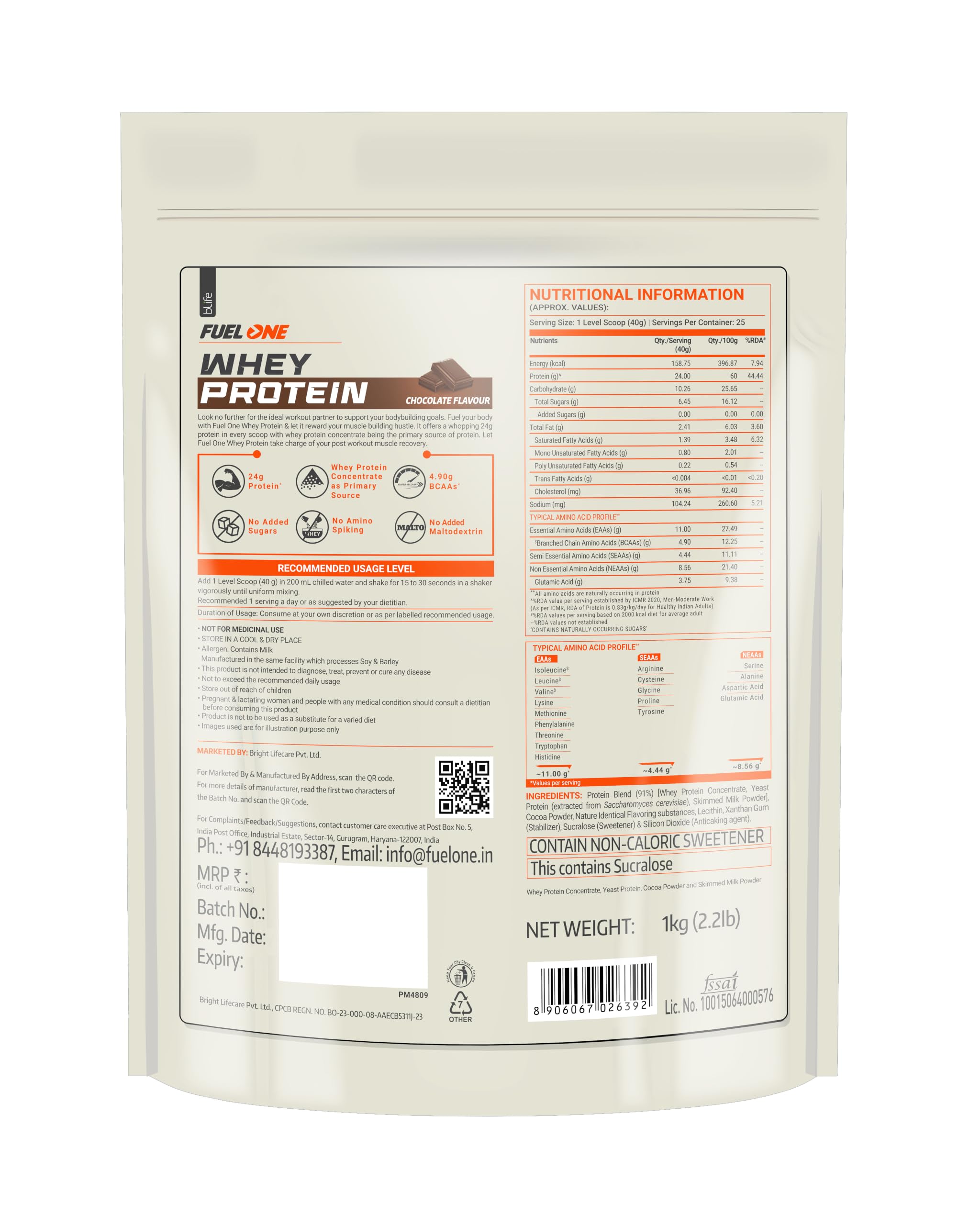 FUELONE Whey Protein Powder, 1kg, with BCAAs, EAAs, Zinc, Vitamin C and D - label detail (10)