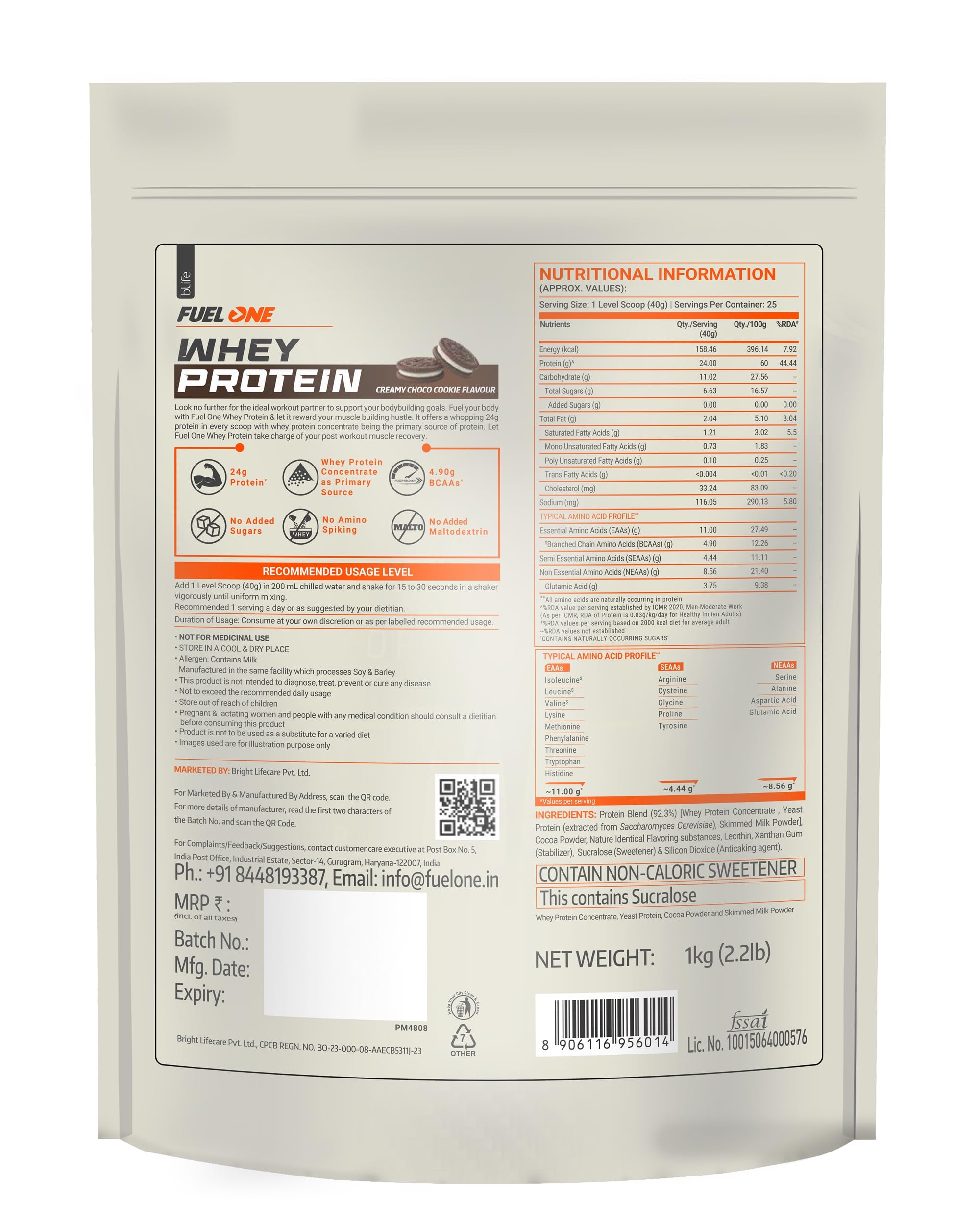 FUELONE Whey Protein Powder, 1kg, with BCAAs, EAAs, Zinc, Vitamin C and D - label detail (14)