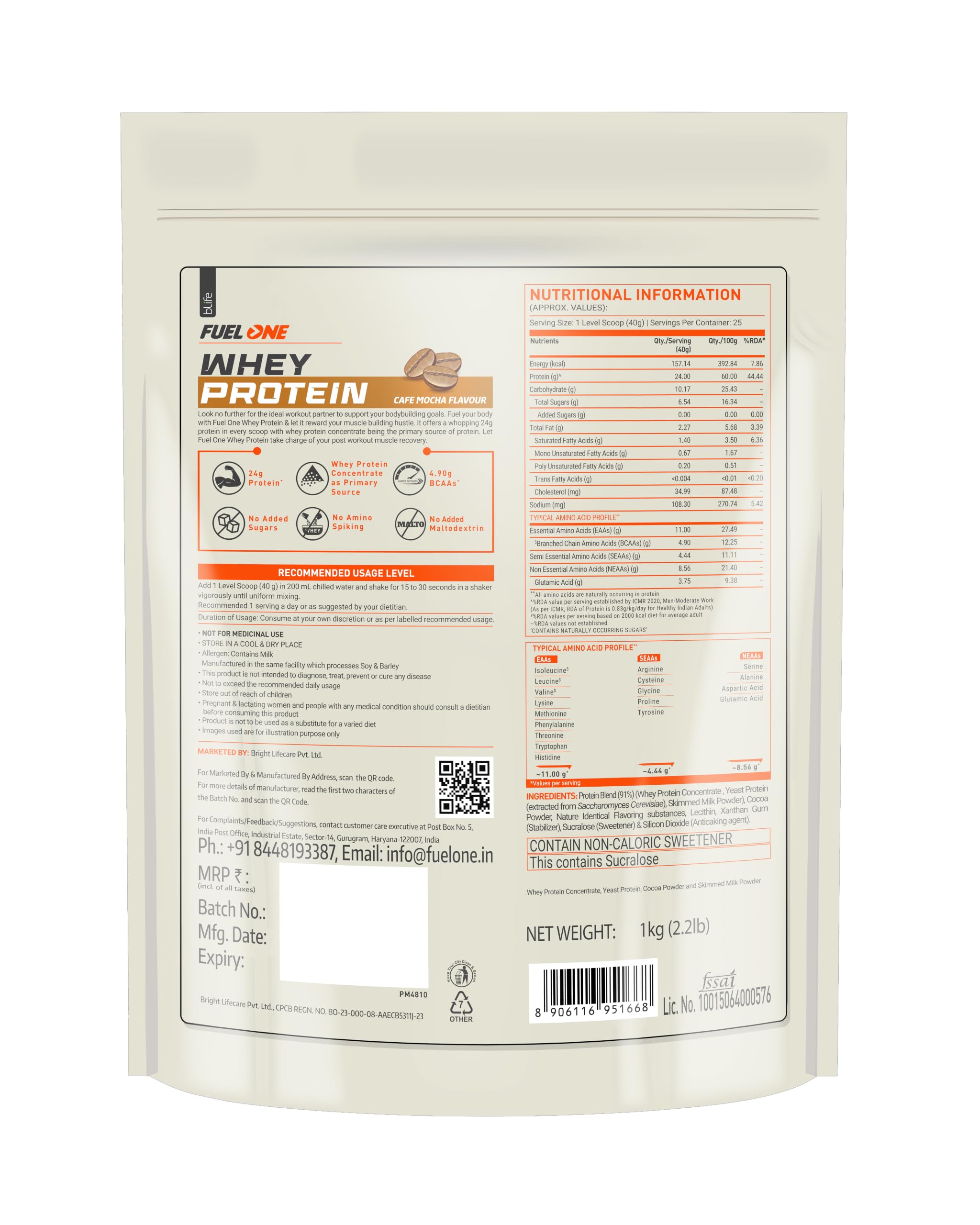 FUELONE Whey Protein Powder, 1kg, with BCAAs, EAAs, Zinc, Vitamin C and D - close-up detail