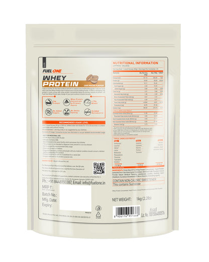 FUELONE Whey Protein Powder, 1kg, with BCAAs, EAAs, Zinc, Vitamin C and D - close-up detail