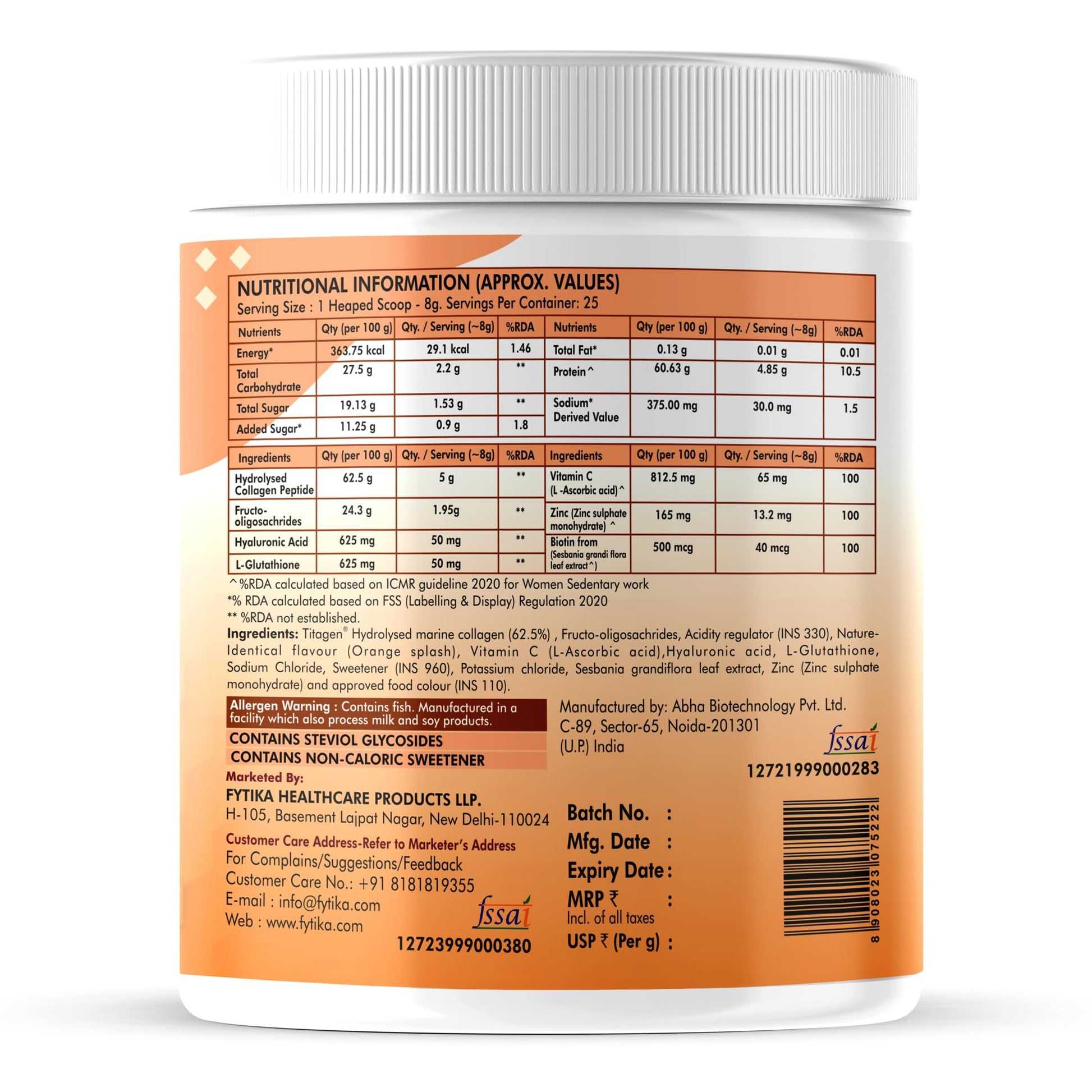 FYTIKA Let It Glow Marine Collagen Powder, 200g, Fruit Flavored Unisex Adult Nutritional Supplement - back view (21)