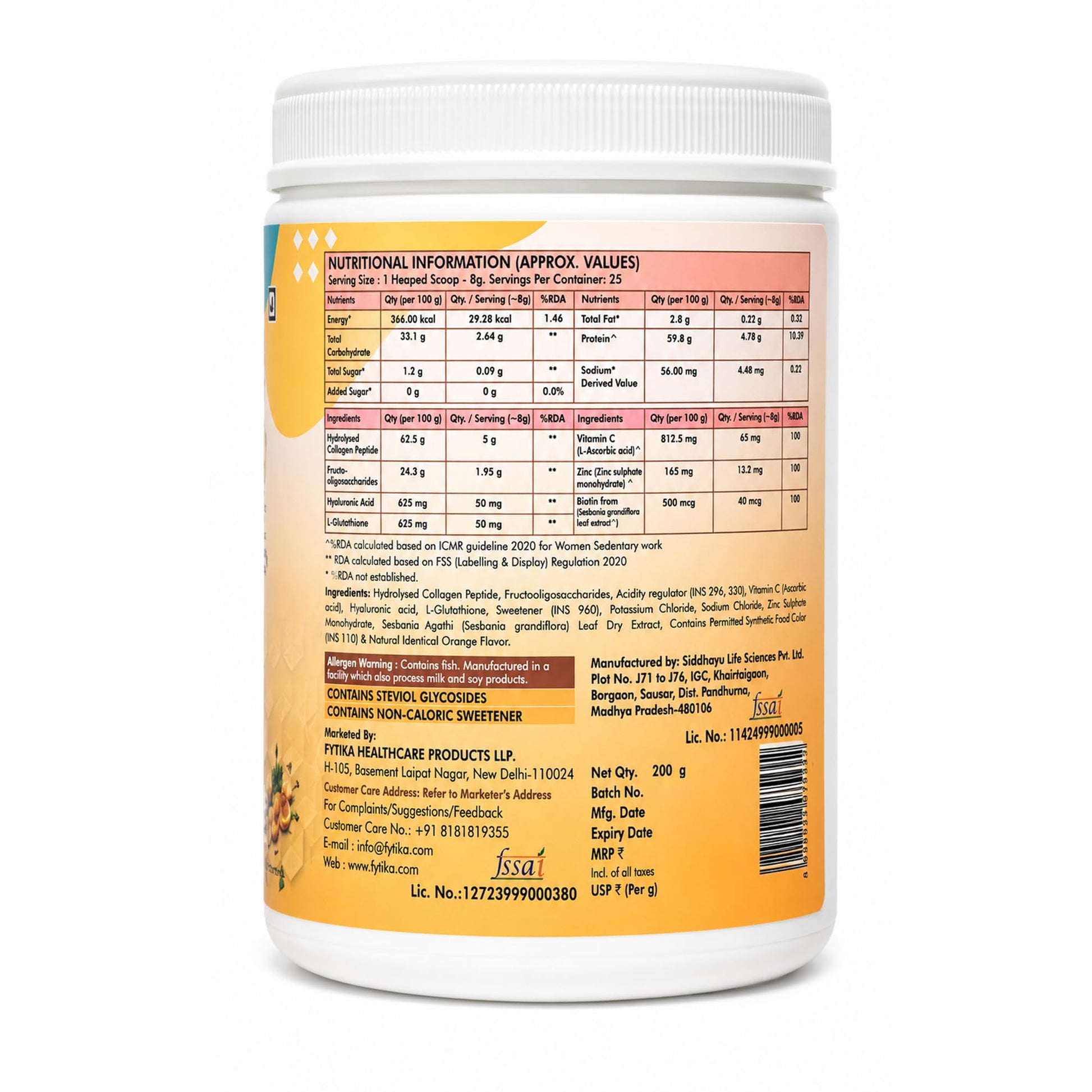 FYTIKA Let It Glow Marine Collagen Powder, 200g, Fruit Flavored Unisex Adult Nutritional Supplement - label detail