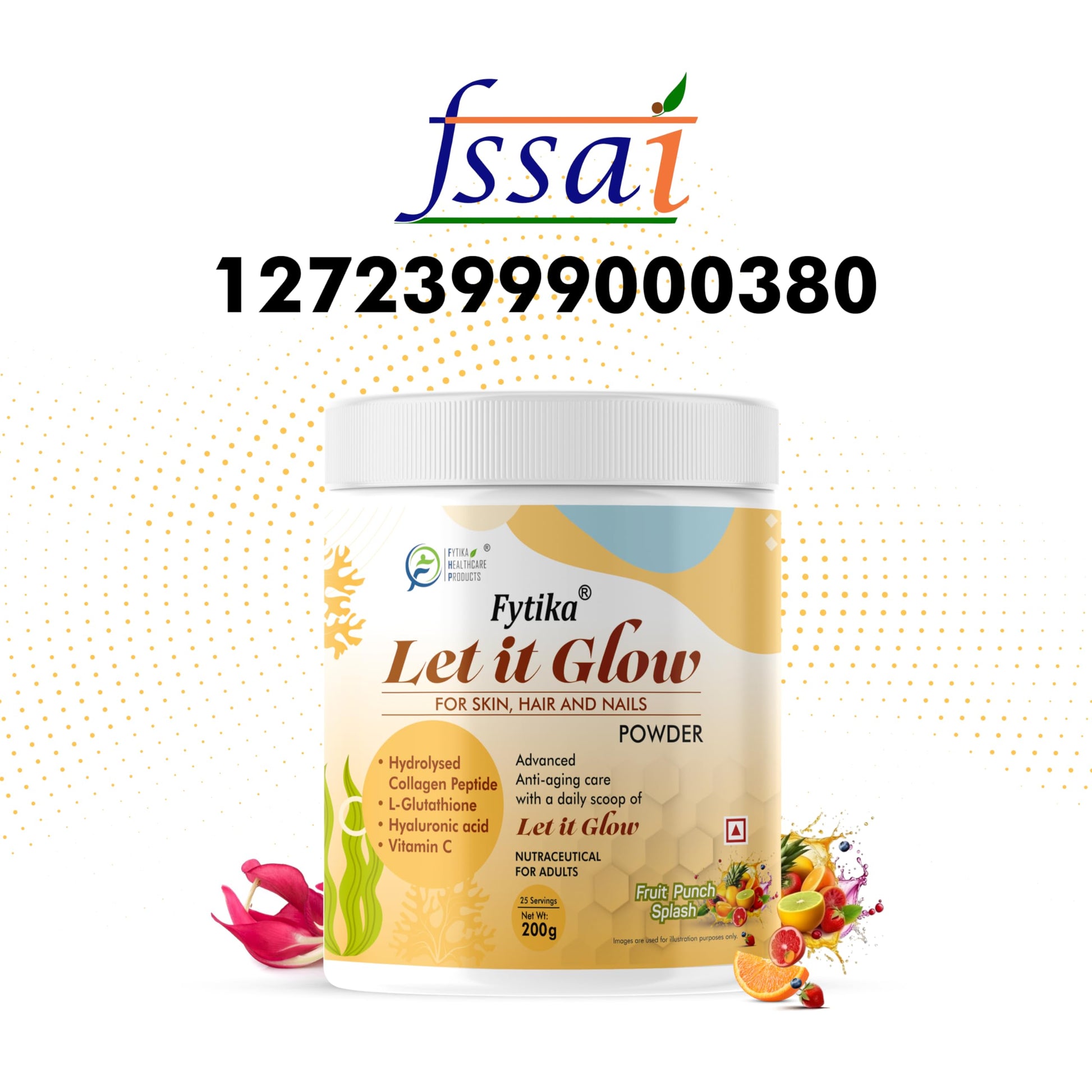 FYTIKA Let It Glow Marine Collagen Powder, 200g, Fruit Flavored Unisex Adult Nutritional Supplement - front view (7)