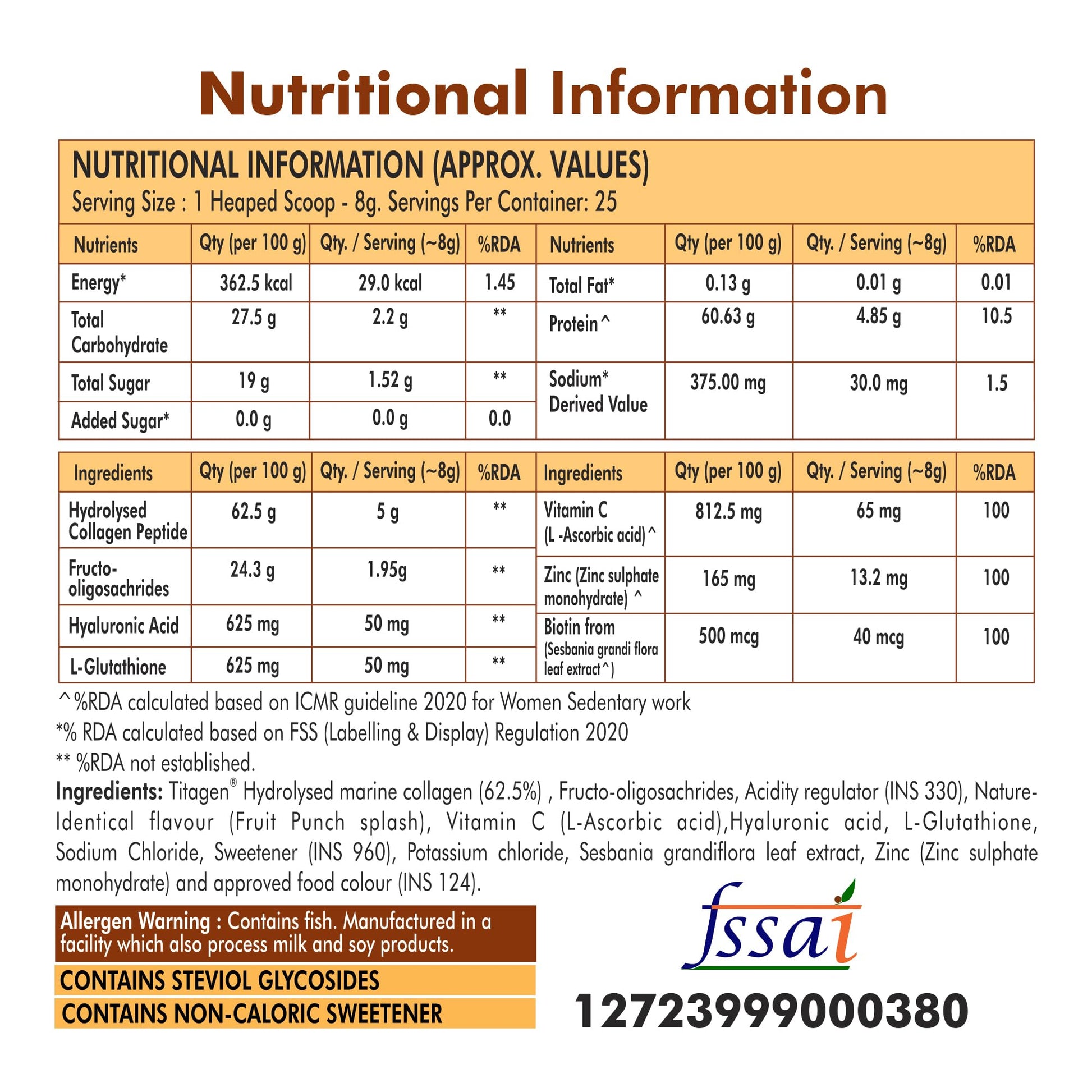 FYTIKA Let It Glow Marine Collagen Powder, 200g, Fruit Flavored Unisex Adult Nutritional Supplement - back view (8)