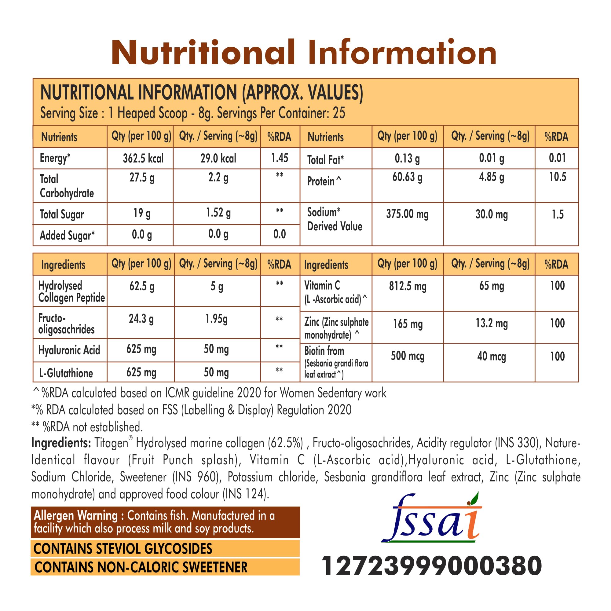 FYTIKA Let It Glow Marine Collagen Powder, 200g, Fruit Flavored Unisex Adult Nutritional Supplement - back view (8)