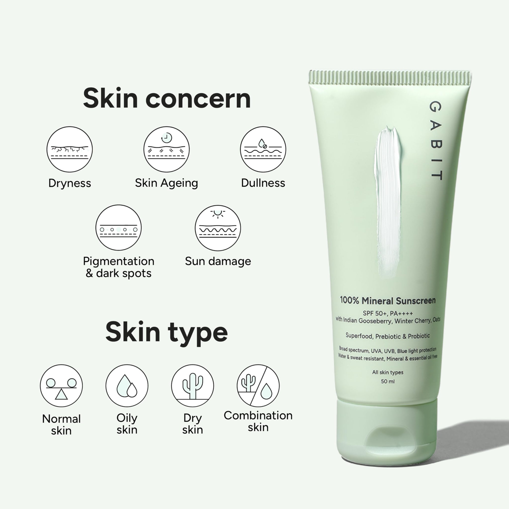 Gabit 100% Mineral Sunscreen SPF 50 PA++++, Zinc Oxide, Water & Sweat Resistant, Fragrance Free - front view