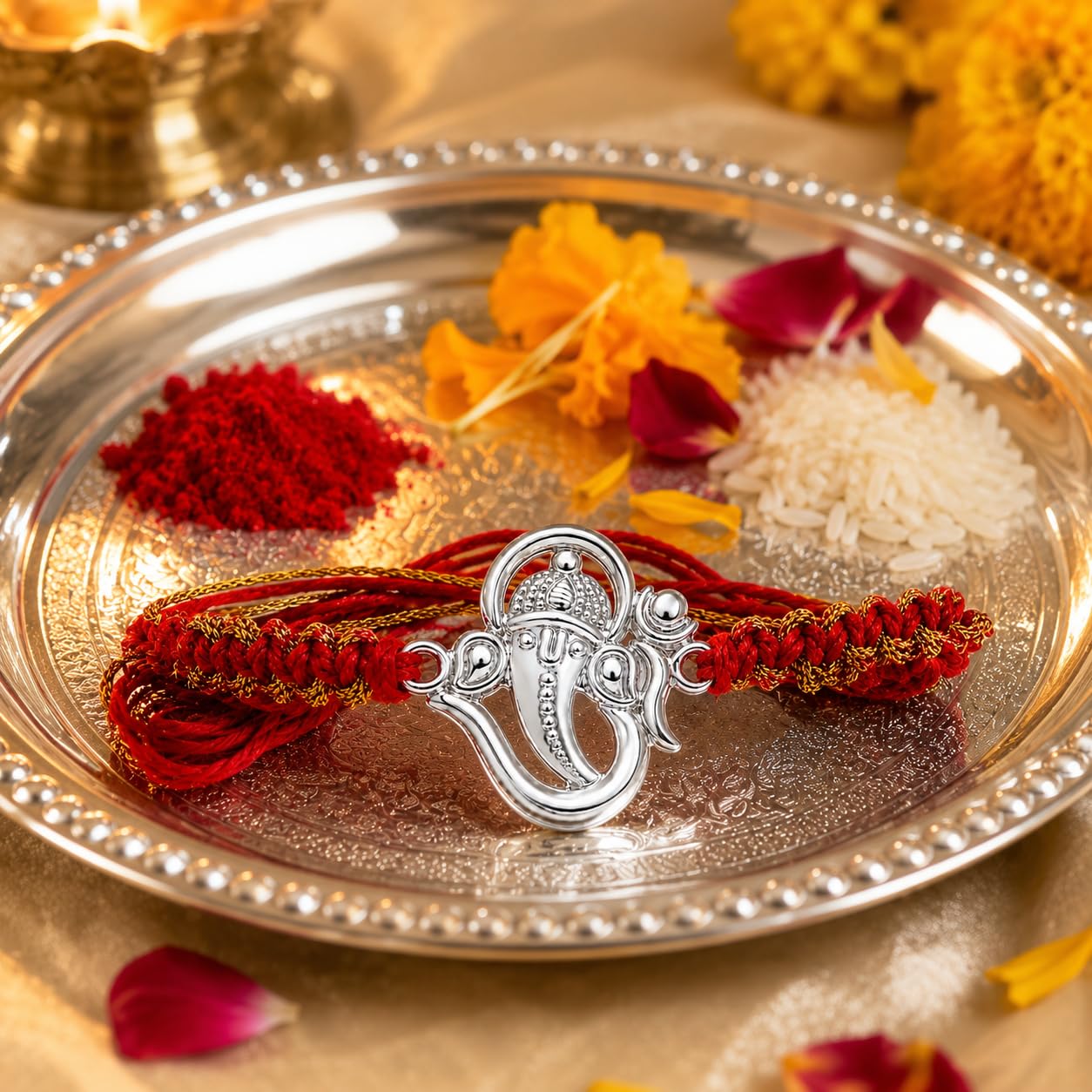 Ganesha Design Silver Rakhi for Brother with Roli Kumkum & Card - front view