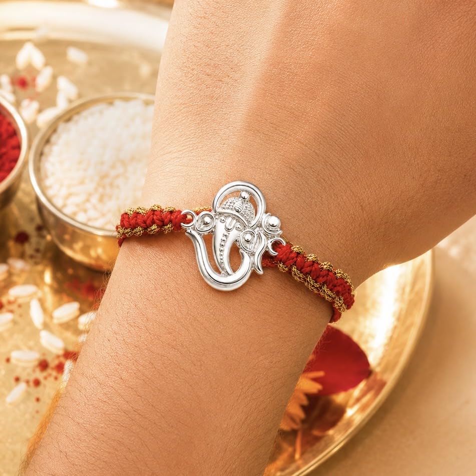 Ganesha Design Silver Rakhi for Brother with Roli Kumkum & Card - back view