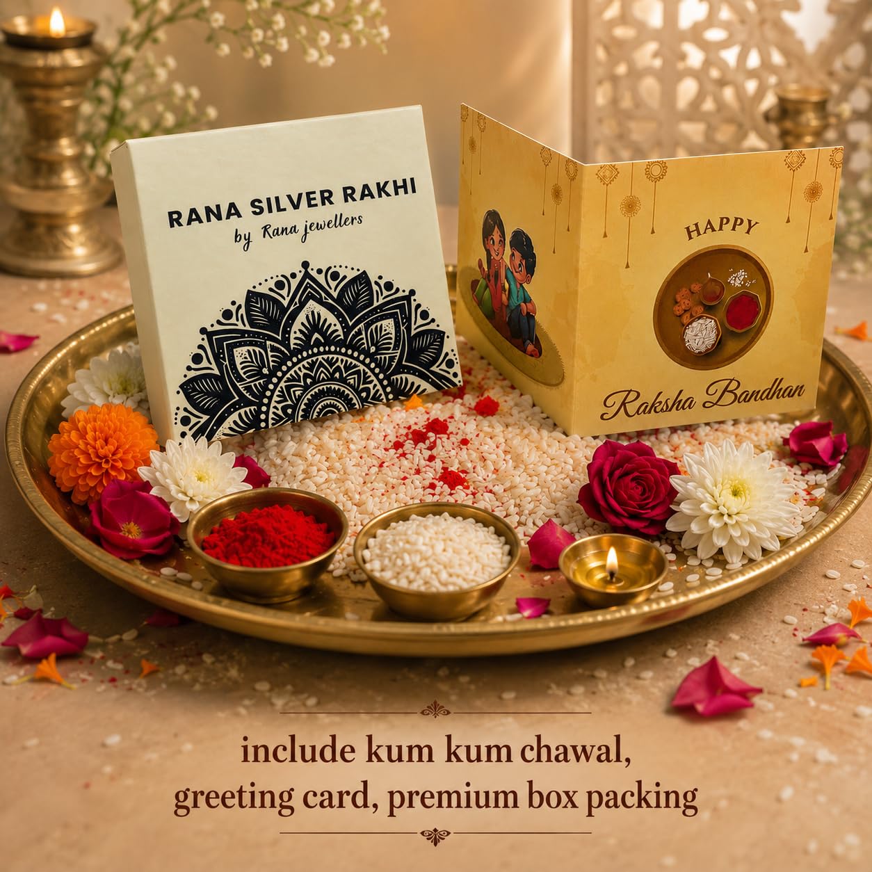 Ganesha Design Silver Rakhi for Brother with Roli Kumkum & Card - packaging