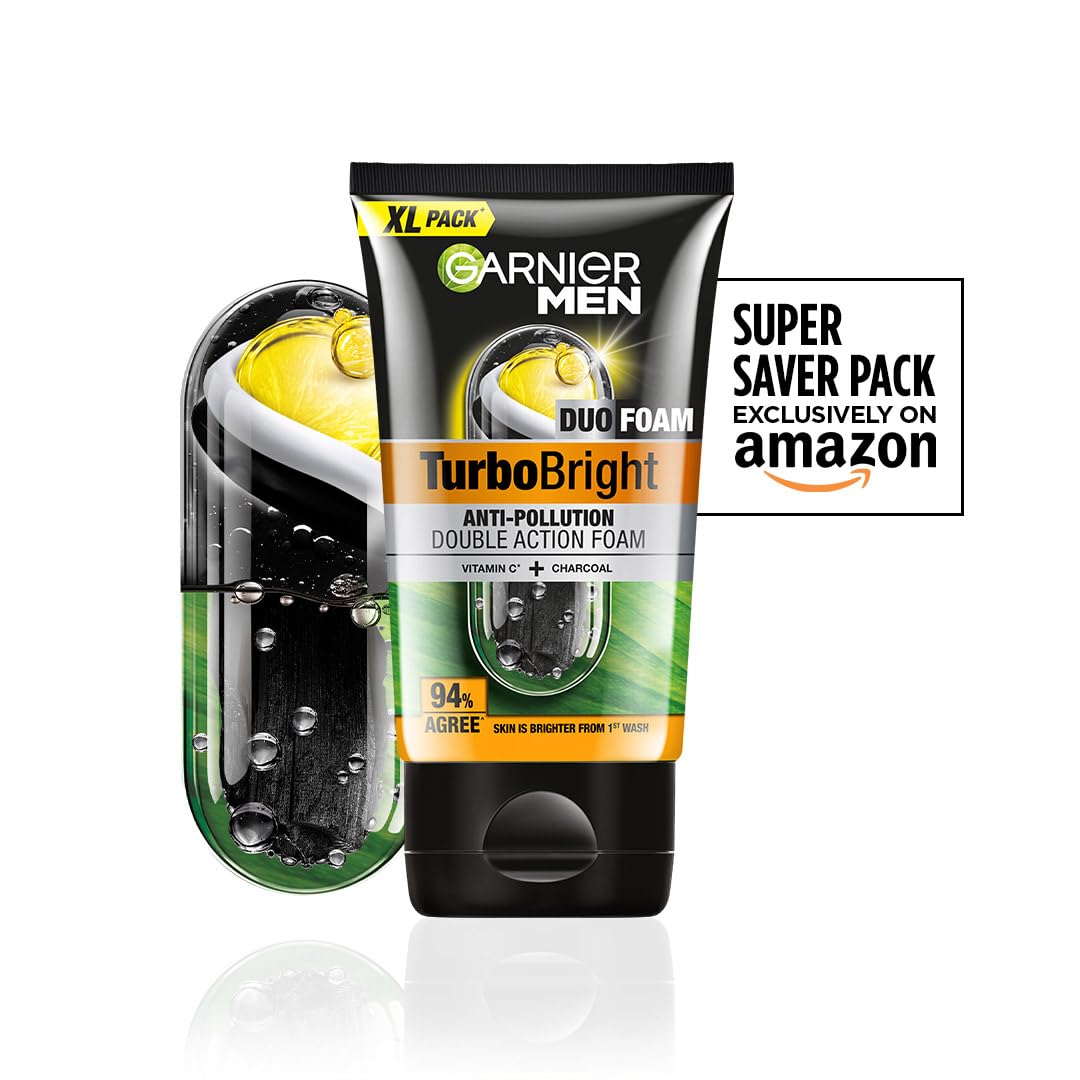 Garnier Men TurboBright Double Action Face Wash, Charcoal & Clay, Salicylic Acid, Vitamin C, 2-in-1 - front view (10)