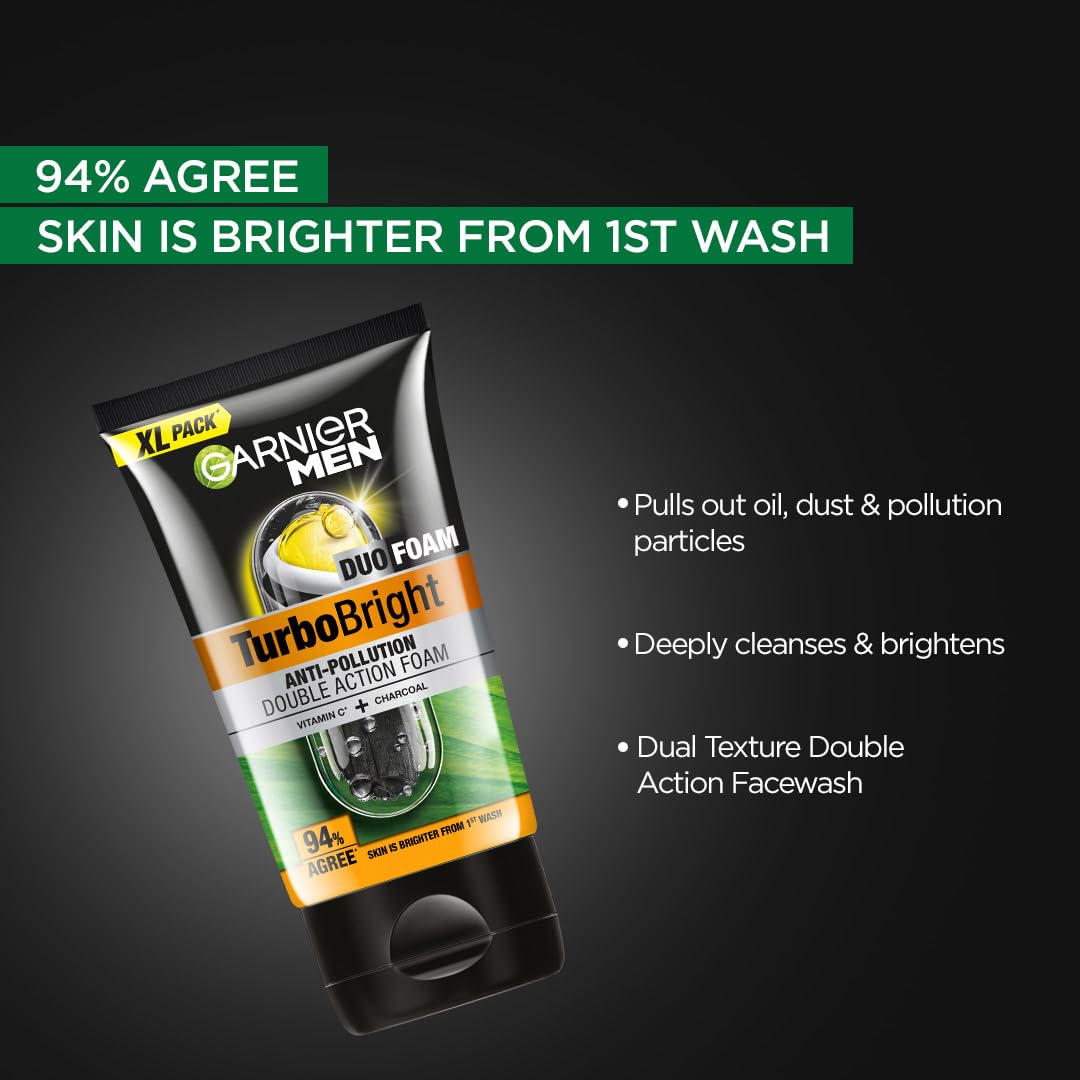 Garnier Men TurboBright Double Action Face Wash, Charcoal & Clay, Salicylic Acid, Vitamin C, 2-in-1 - label detail (13)