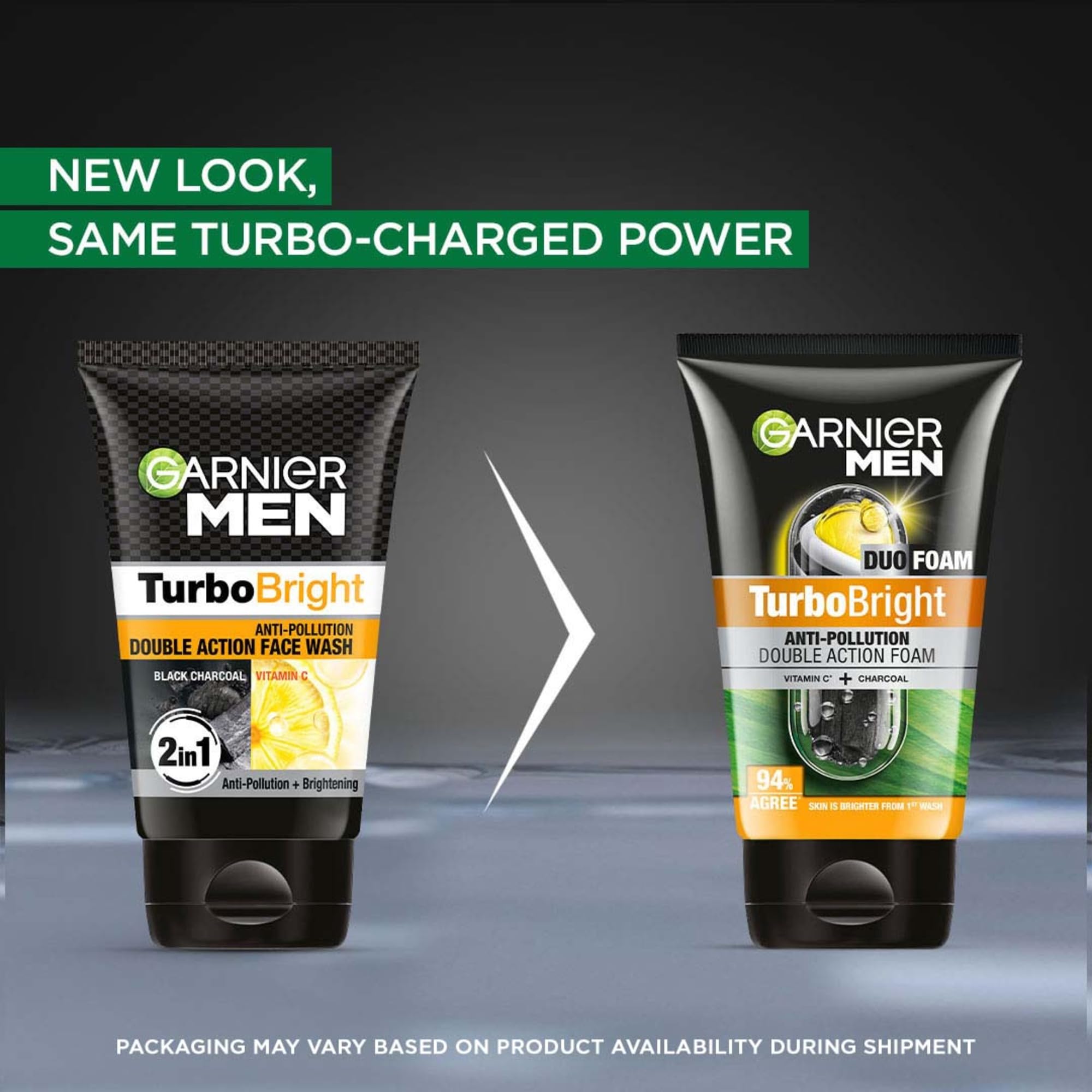 Garnier Men TurboBright Double Action Face Wash, Charcoal & Clay, Salicylic Acid, Vitamin C, 2-in-1 - front view