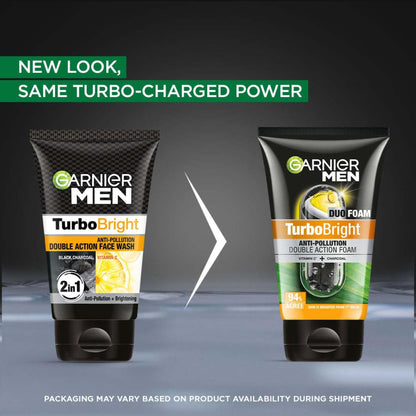 Garnier Men TurboBright Double Action Face Wash, Charcoal & Clay, Salicylic Acid, Vitamin C, 2-in-1 - front view