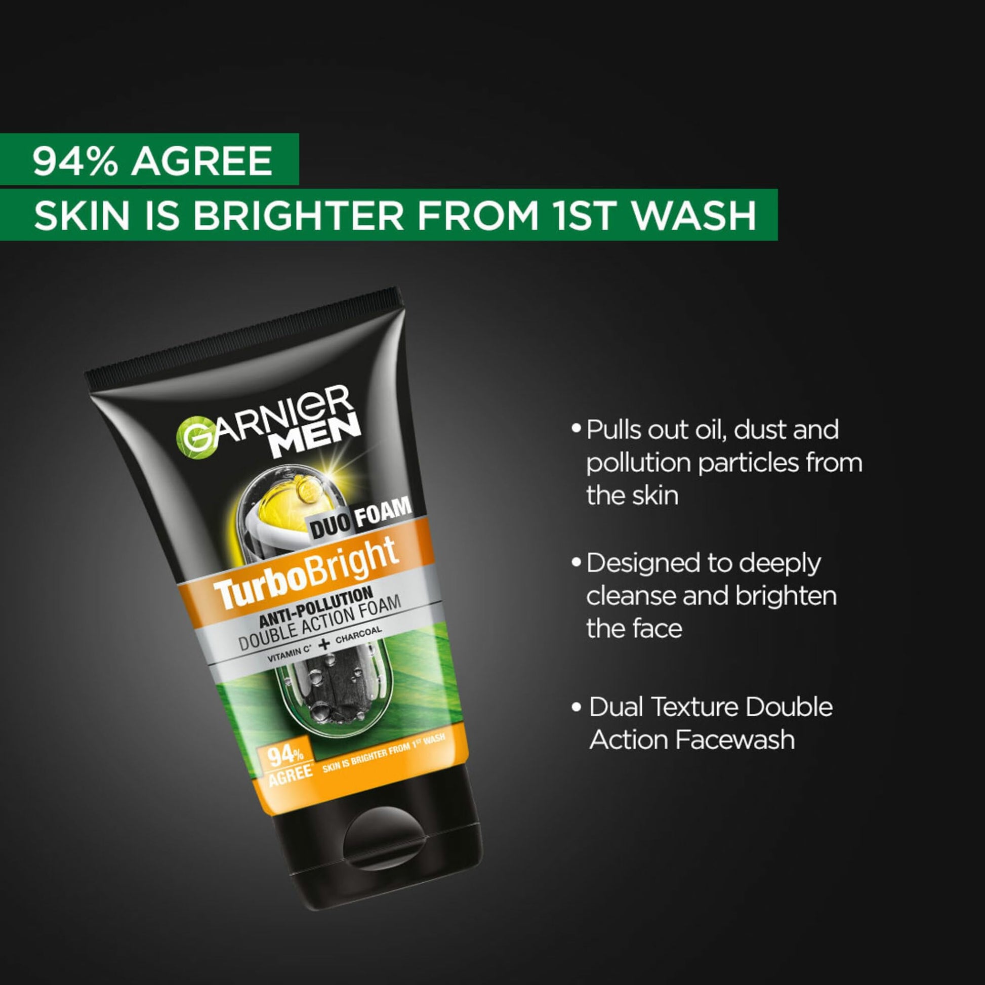 Garnier Men TurboBright Double Action Face Wash, Charcoal & Clay, Salicylic Acid, Vitamin C, 2-in-1 - label detail